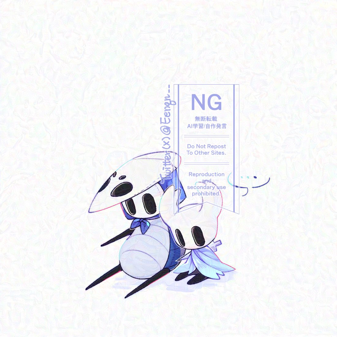 knight (hollow knight), quirrel, hollow knight, commentary, english commentary, …, 1boy, 1other, black eyes, blue cape, cape, eenqn, hollow eyes, horns, nail (hollow knight), sitting, spoken ellipsis, watermark, white mask