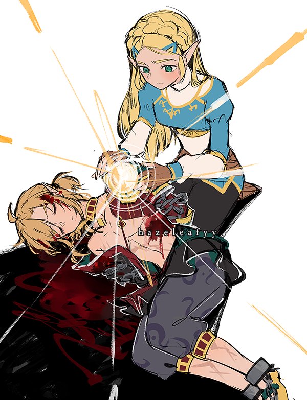 hazeleafyy, link, princess zelda, nintendo, the legend of zelda, the legend of zelda: breath of the wild, 1boy, 1girl, artist name, black pants, blonde hair, blood, blood in hair, blood on face, blue shirt, braid, breasts, brown gloves, choker, closed eyes, crown braid, fingerless gloves, furrowed brow, gloves, glowing hands, gold trim, green eyes, grey pants, hair between eyes, hair ornament, hair tie, hairclip, injury, long hair, low ponytail, medium breasts, medium hair, pants, parted bangs, poi, ponytail, shirt, sidelocks, white background