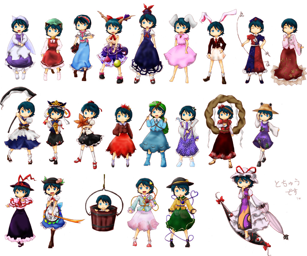 aokaze (artist), aki shizuha, alice margatroid, chen, hinanawi tenshi, houraisan kaguya, ibuki suika, inaba tewi, kamille bidan, kamishirasawa keine, kawashiro nitori, kisume, kochiya sanae, komeiji koishi, komeiji satori, letty whiterock, moriya suwako, nagae iku, onozuka komachi, reisen udongein inaba, shameimaru aya, shiki eiki, yagokoro eirin, yakumo yukari, yasaka kanako, gundam, touhou, zeta gundam, bad id, bad pixiv id, 6+girls, :<, aki shizuha (cosplay), alice margatroid (cosplay), blue eyes, blue hair, chen (cosplay), cosplay, crossdressing, crossdressing (ftm), crossover, everyone, food, fruit, gap (touhou), gohei, hand fan, hat, hinanawi tenshi (cosplay), houraisan kaguya (cosplay), ibuki suika (cosplay), inaba tewi (cosplay), kamishirasawa keine (cosplay), kawashiro nitori (cosplay), kisume (cosplay), kochiya sanae (cosplay), komeiji koishi (cosplay), komeiji satori (cosplay), leaf, letty whiterock (cosplay), moriya suwako (cosplay), multiple girls, nagae iku (cosplay), onozuka komachi (cosplay), parasol, peach, red eyes, reisen udongein inaba (cosplay), rod of remorse, scythe, shameimaru aya (cosplay), shiki eiki (cosplay), short hair, sword, sword of hisou, tokin hat, umbrella, weapon, yagokoro eirin (cosplay), yakumo yukari (cosplay), yasaka kanako (cosplay)