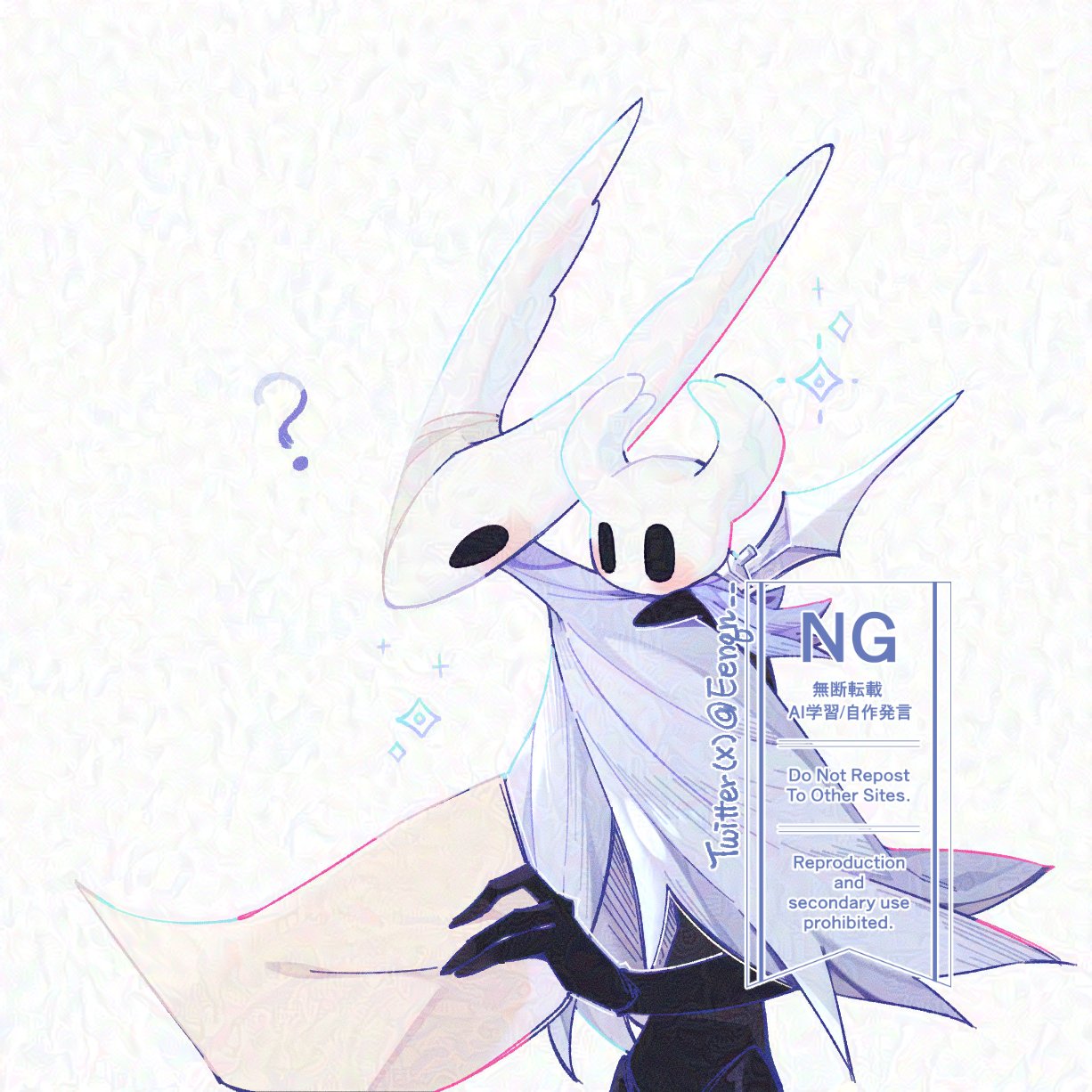hollow knight (character), knight (hollow knight), hollow knight, commentary, english commentary, highres, 2others, ?, black eyes, blue cape, blue cloak, cape, carrying, cloak, eenqn, holding, holding map, hollow eyes, horns, map, multiple others, other focus, piggyback, watermark
