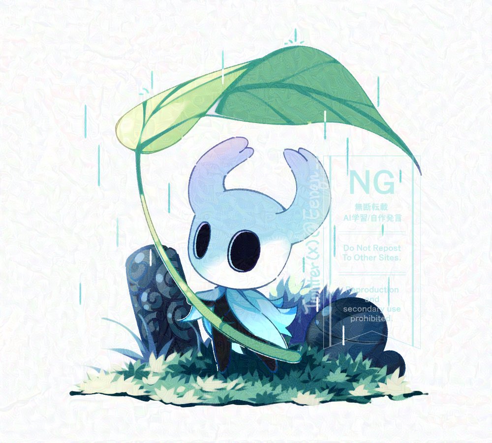 knight (hollow knight), hollow knight, commentary, english commentary, 1other, black eyes, blue cape, cape, eenqn, hollow eyes, horns, leaf, on grass, other focus, rain, standing, watermark