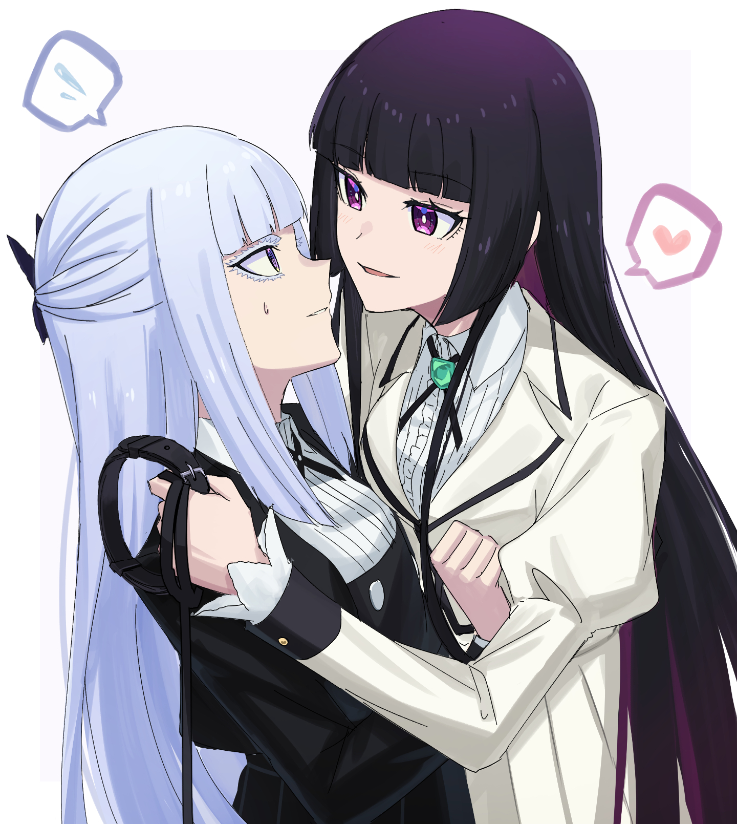 aoki shizumi, kurogane otoha, shiraya tamaki, rock wa lady no tashinami deshite, highres, 2girls, black dress, blue hair, blush, collar, dress, heart, holding, holding collar, holding leash, leash, long hair, multiple girls, parted lips, purple eyes, purple hair, school uniform, shirt, simple background, smile, spoken heart, spoken sweatdrop, sweat, sweatdrop, thick eyelashes, white background, white dress, white shirt, yuri