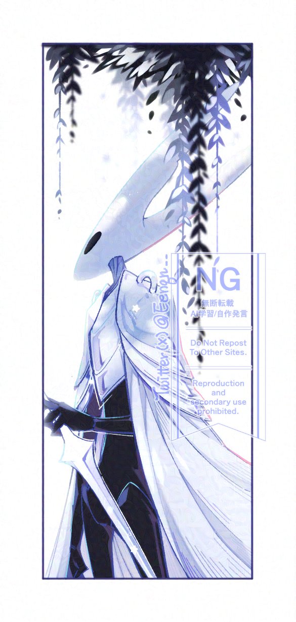 hollow knight (character), hollow knight, commentary, english commentary, highres, 1other, black eyes, border, eenqn, holding, holding weapon, hollow eyes, horns, nail (hollow knight), other focus, pure vessel, standing, watermark, weapon, white border