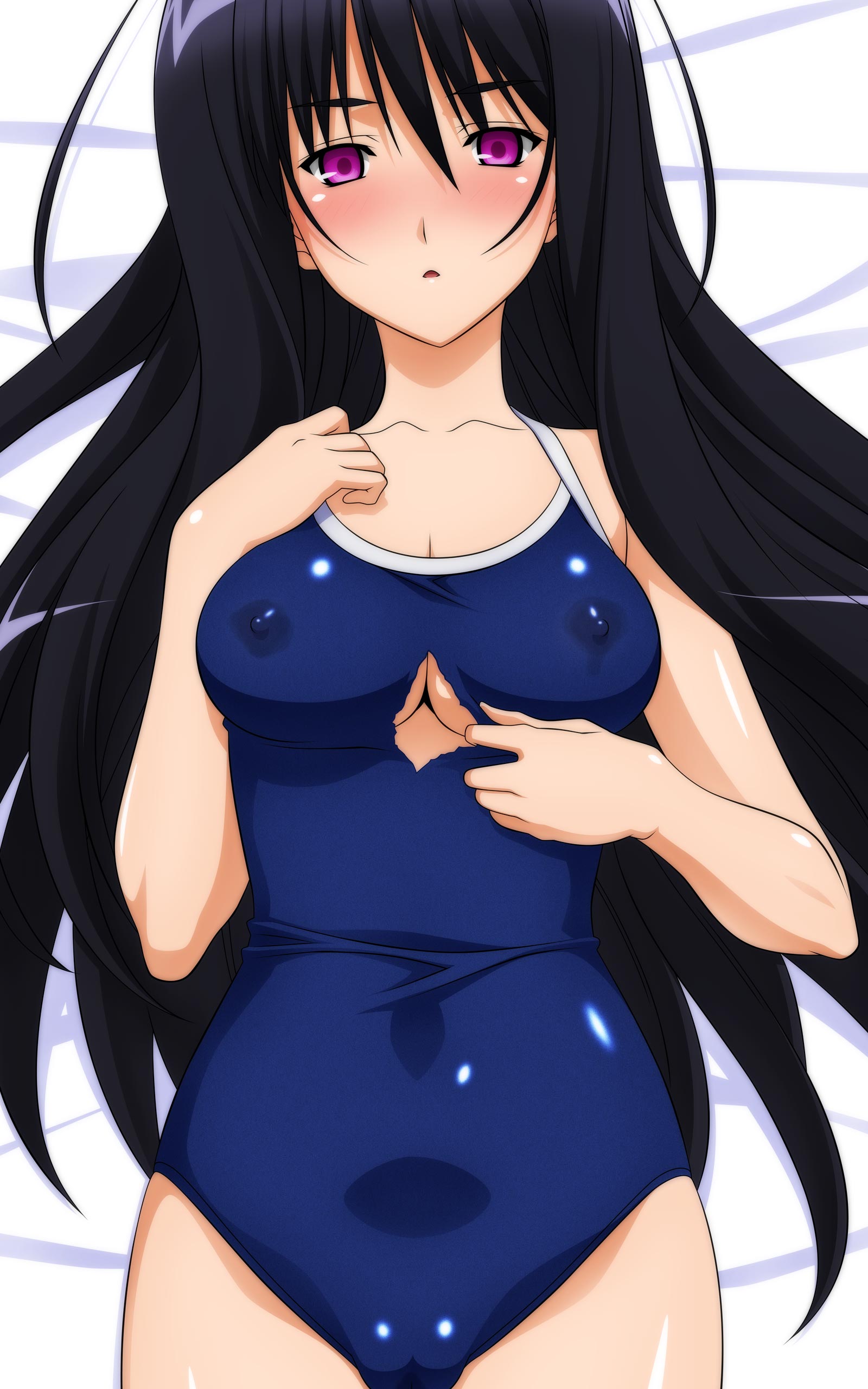 sugimura tomokazu, rion gunta, night wizard, absurdres, highres, 00s, 1girl, bed sheet, blue one-piece swimsuit, blush, breasts, cameltoe, cleavage, competition school swimsuit, cowboy shot, female focus, from above, hair between eyes, indoors, lactation, lactation through clothes, lion gunta, long hair, nipples, one-piece swimsuit, pink eyes, school swimsuit, solo, swimsuit, torn clothes, torn swimsuit, very long hair