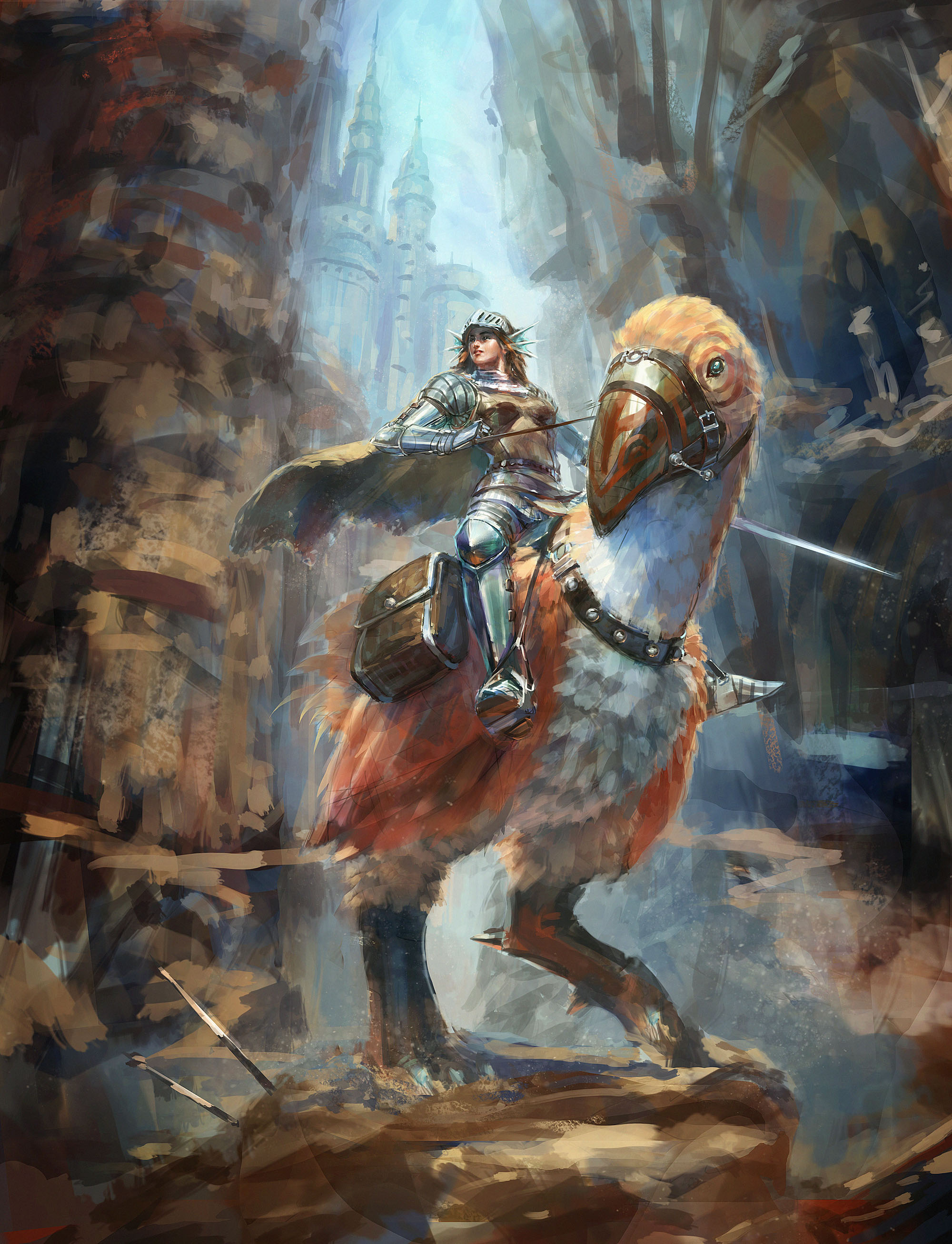 oldmanpushcar, knight (ragnarok online), peco peco, ragnarok online, absurdres, commentary request, highres, 1girl, armor, armored boots, bird, boots, breastplate, brown cape, canyon, cape, castle, fins, full body, gauntlets, head fins, holding, holding sword, holding weapon, looking afar, outdoors, painterly, pauldrons, realistic, riding, riding bird, saddle, short hair, shoulder armor, solo, stirrups (riding), sword, visor (armor), weapon