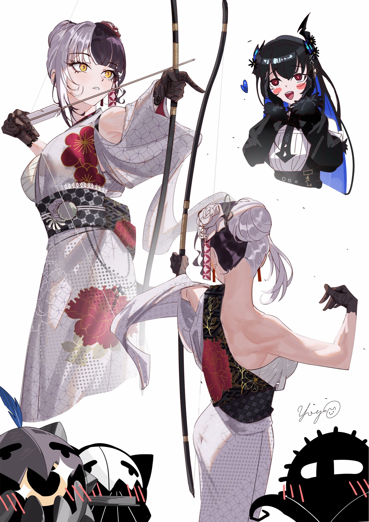 massiveyog, nerissa ravencroft, nerissa ravencroft (1st costume), novelites (shiori novella), shiori novella, shiori novella (new year), hololive, hololive english, highres, 2girls, archery, arrow (projectile), black hair, black kimono, blue hair, blush, blush stickers, bow (weapon), chest sarashi, colored inner hair, drawing bow, floral print, floral print kimono, gloves, grey hair, hair bun, heart, holding, holding bow (weapon), holding weapon, japanese clothes, kimono, lace, lace gloves, multicolored hair, multiple girls, official alternate costume, official alternate hairstyle, print kimono, red eyes, sarashi, split-color hair, two-tone hair, virtual youtuber, weapon, white background, white kimono, yellow eyes, yumi (bow)