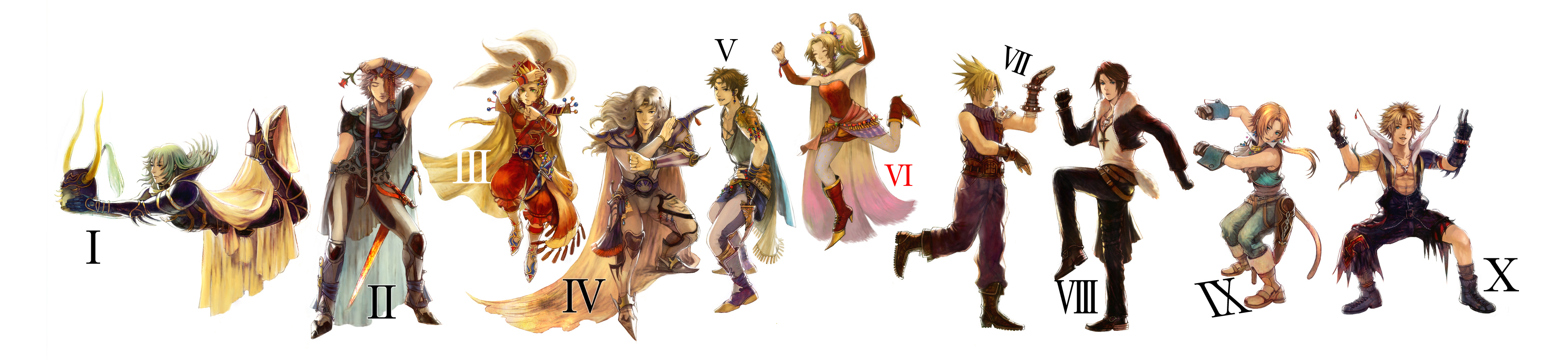 yuyayuyo, bartz klauser, cecil harvey, cloud strife, firion, onion knight, squall leonhart, tidus, tina branford, warrior of light (ff1), zidane tribal, dissidia final fantasy, final fantasy, final fantasy i, final fantasy ii, final fantasy iii, final fantasy iv, final fantasy ix, final fantasy v, final fantasy vi, final fantasy vii, final fantasy viii, final fantasy x, 1980s (style), absurdres, highres, long image, wide image, 00s, 1990s (style), 1girl, 6+boys, cape, everyone, in-franchise crossover, lineup, multiple boys, oldschool, pantyhose, retro artstyle, sword, weapon