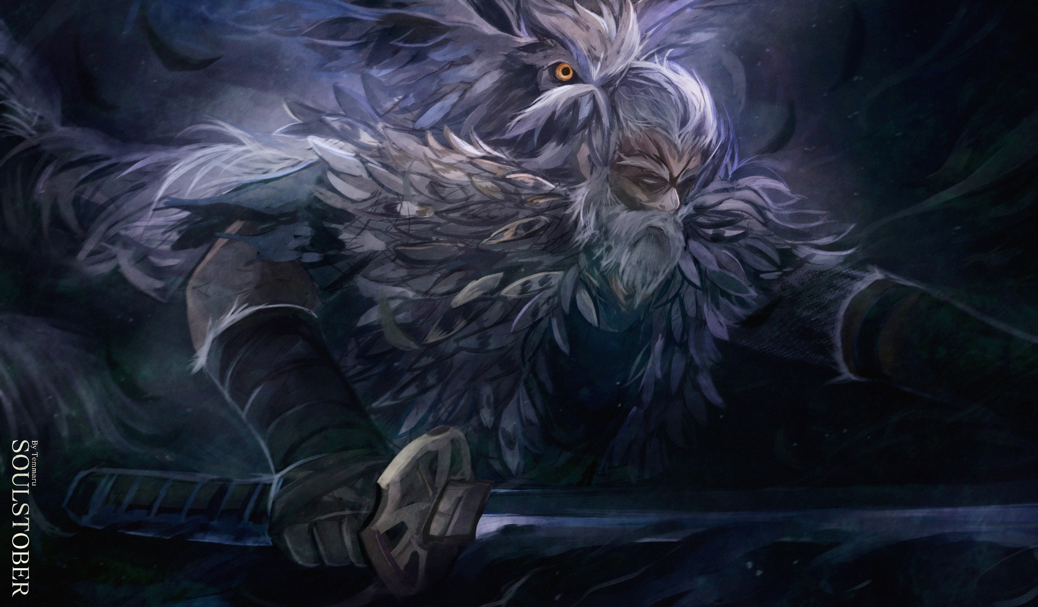 temmaru1, great shinobi owl, sekiro: shadows die twice, absurdres, commentary, english commentary, highres, 1boy, artist name, bird, falling feathers, feathers, grey hair, holding, holding sword, holding weapon, inktober, male focus, old, old man, owl, solo, standing, sword, weapon
