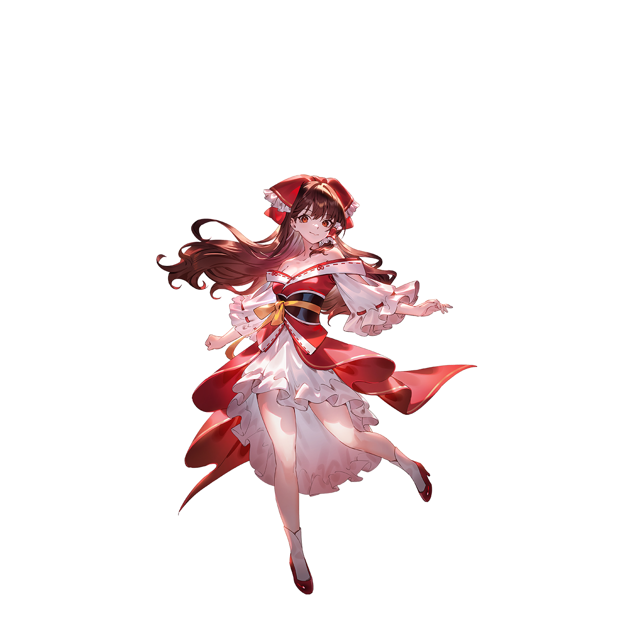 u u zan, hakurei reimu, touhou, touhou gensou eclipse, game cg, highres, non-web source, official art, second-party source, 1girl, alternate costume, bow, breasts, brown hair, cleavage, closed mouth, collarbone, frilled bow, frilled hair tubes, frills, hair bow, hair tubes, high heels, japanese clothes, kimono, long hair, looking at viewer, obi, obijime, off shoulder, red bow, red eyes, red kimono, red shoes, ribbon-trimmed sleeves, ribbon trim, sash, shoes, single hair tube, smile, socks, solo, transparent background, very long hair, white socks
