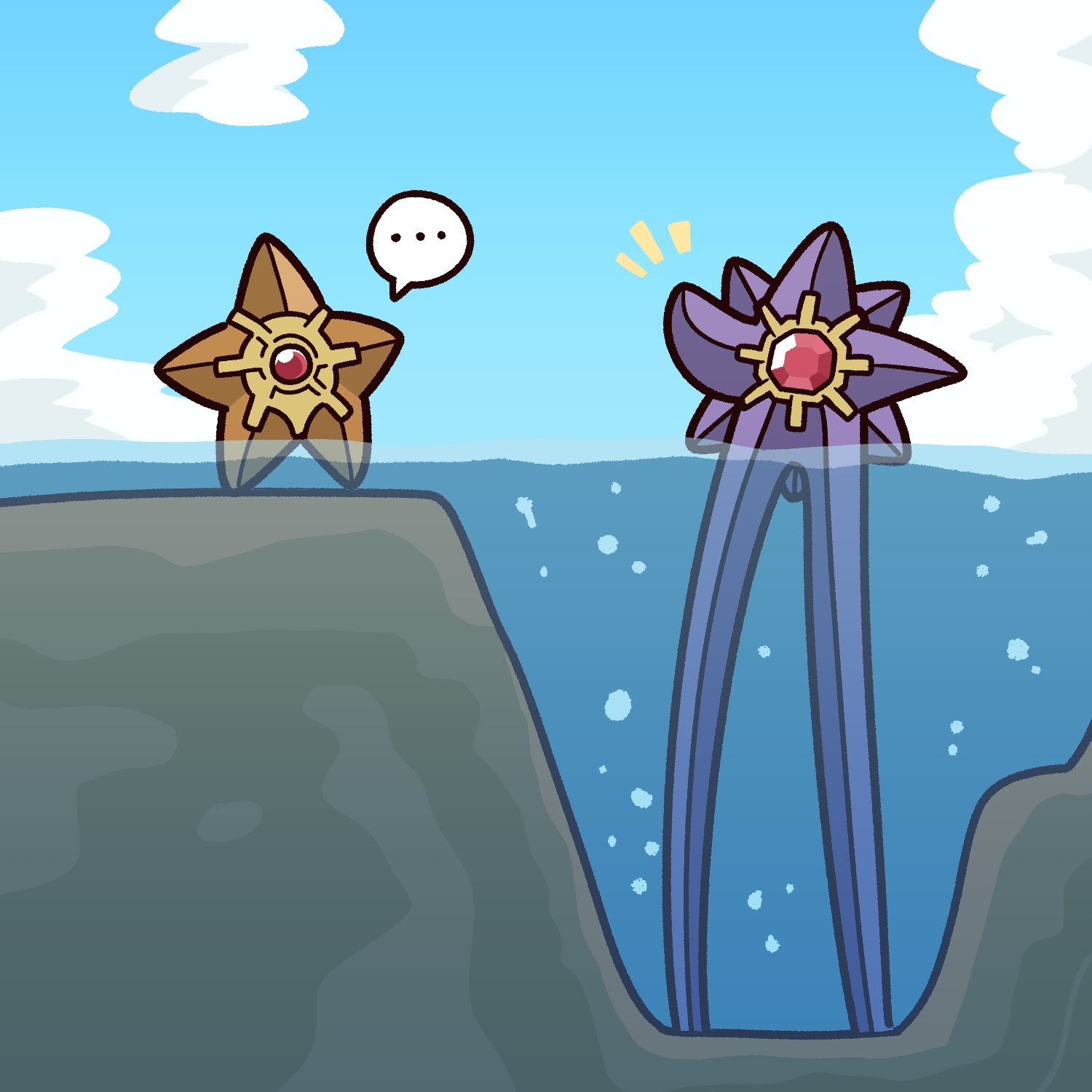 underdatv, mega starmie, starmie, staryu, nintendo, pokemon, pokemon legends: z-a, highres, …, blue sky, cloud, full body, gem, gen 1 pokemon, long legs, mega pokemon, no humans, outdoors, pokemon (creature), pokemon focus, red gemstone, sky, speech bubble, water, waving