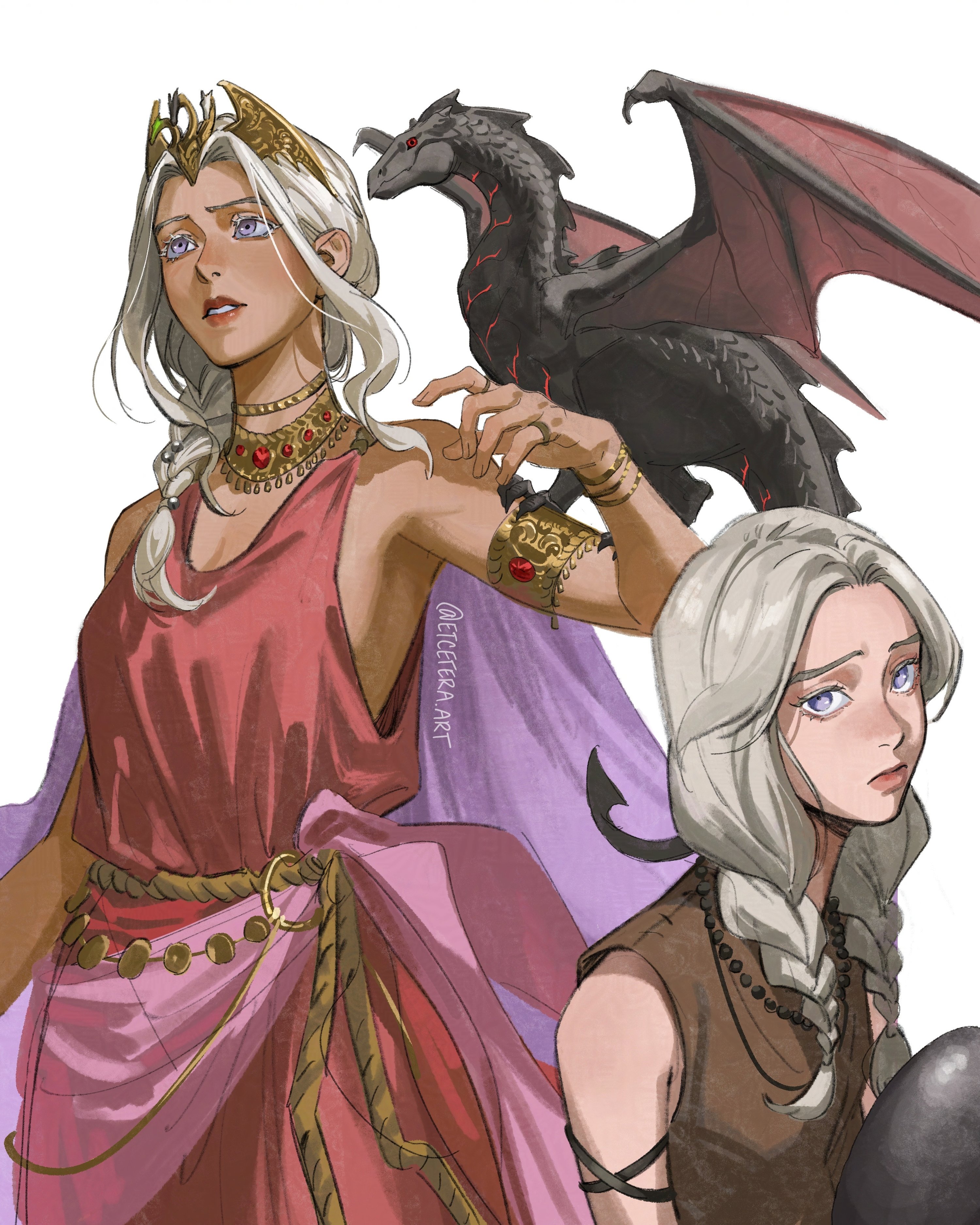 etceteraart, daenerys targaryen, drogon, a song of ice and fire, absurdres, commentary, highres, 1girl, armlet, artist name, bare shoulders, bracelet, braid, circlet, colored eyelashes, dragon, dragon on shoulder, egg, frown, grey hair, holding, holding egg, jewelry, long hair, looking at viewer, multiple bracelets, multiple rings, multiple views, necklace, parted lips, purple eyes, ring, simple background, small dragon, tan, twin braids, western dragon, white background