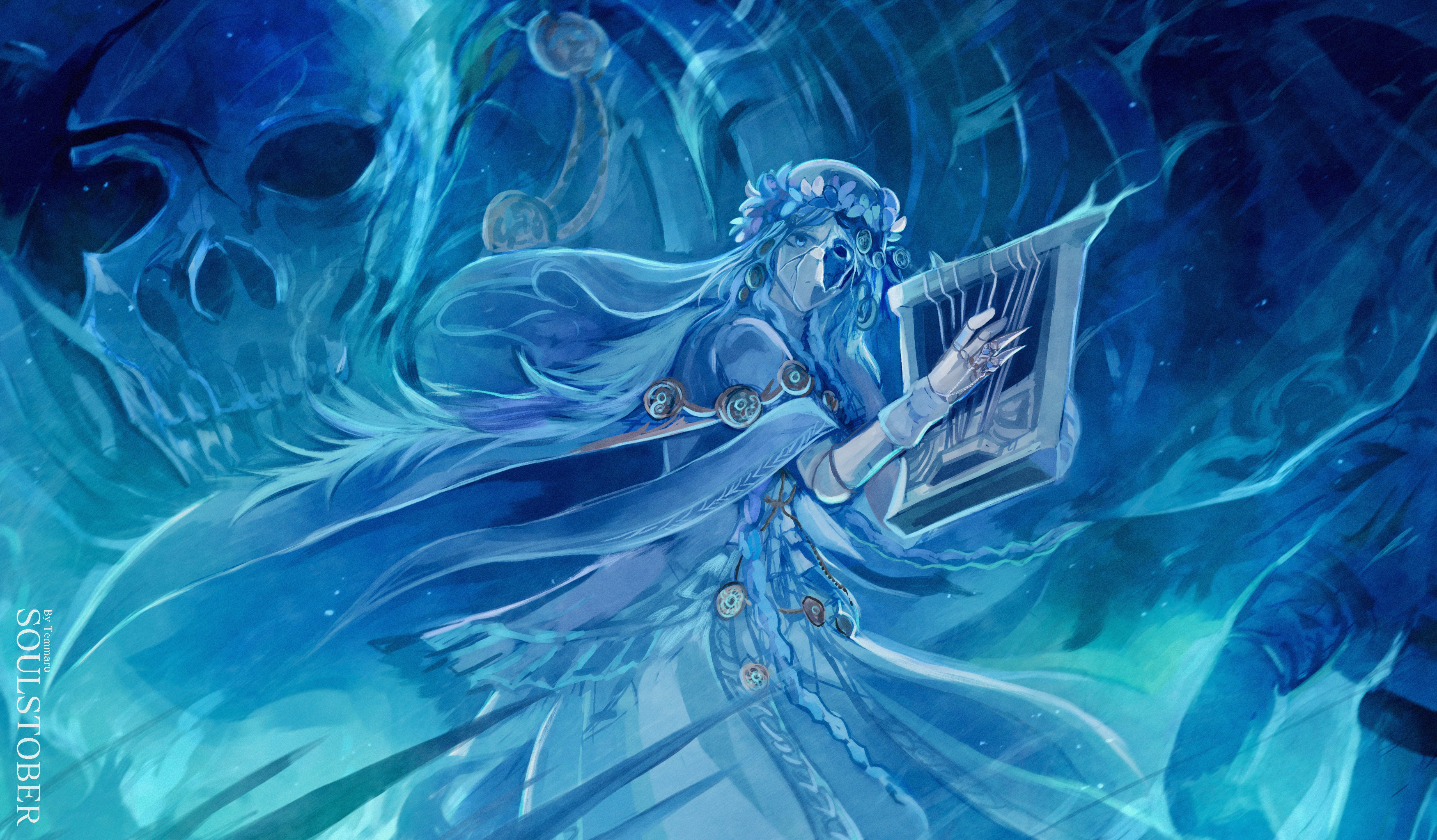 temmaru1, revenant (elden ring), elden ring, elden ring nightreign, absurdres, commentary, highres, 1girl, artist name, blue eyes, blue hair, blue theme, closed mouth, cracked skin, dress, holding, holding instrument, inktober, instrument, long hair, skull, solo