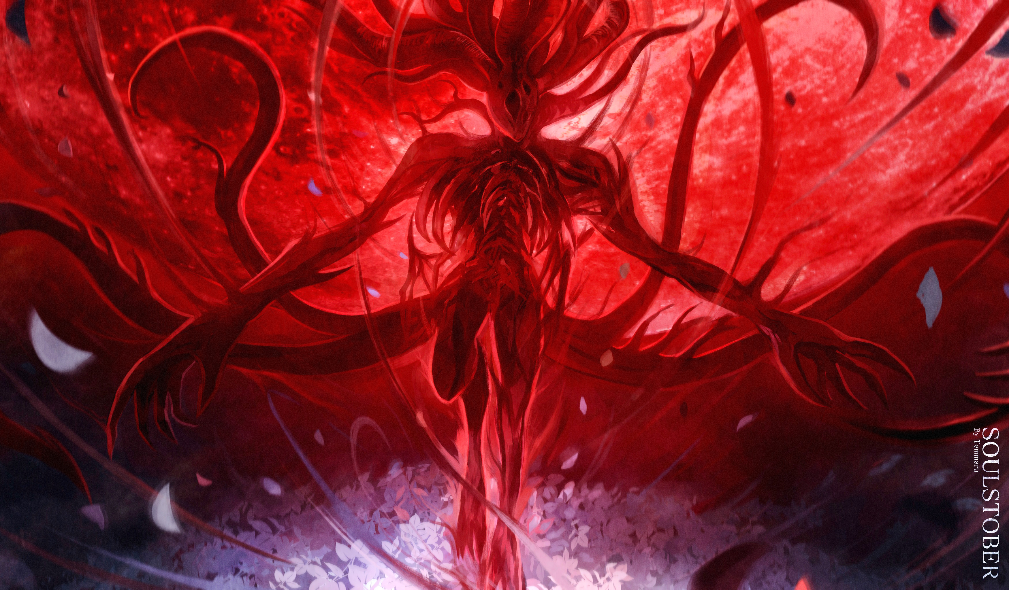 temmaru1, moon presence (bloodborne), bloodborne, absurdres, commentary, english commentary, highres, 1other, ambiguous gender, artist name, eldritch abomination, hole in face, monster, moon, other focus, petals, red moon, tentacles