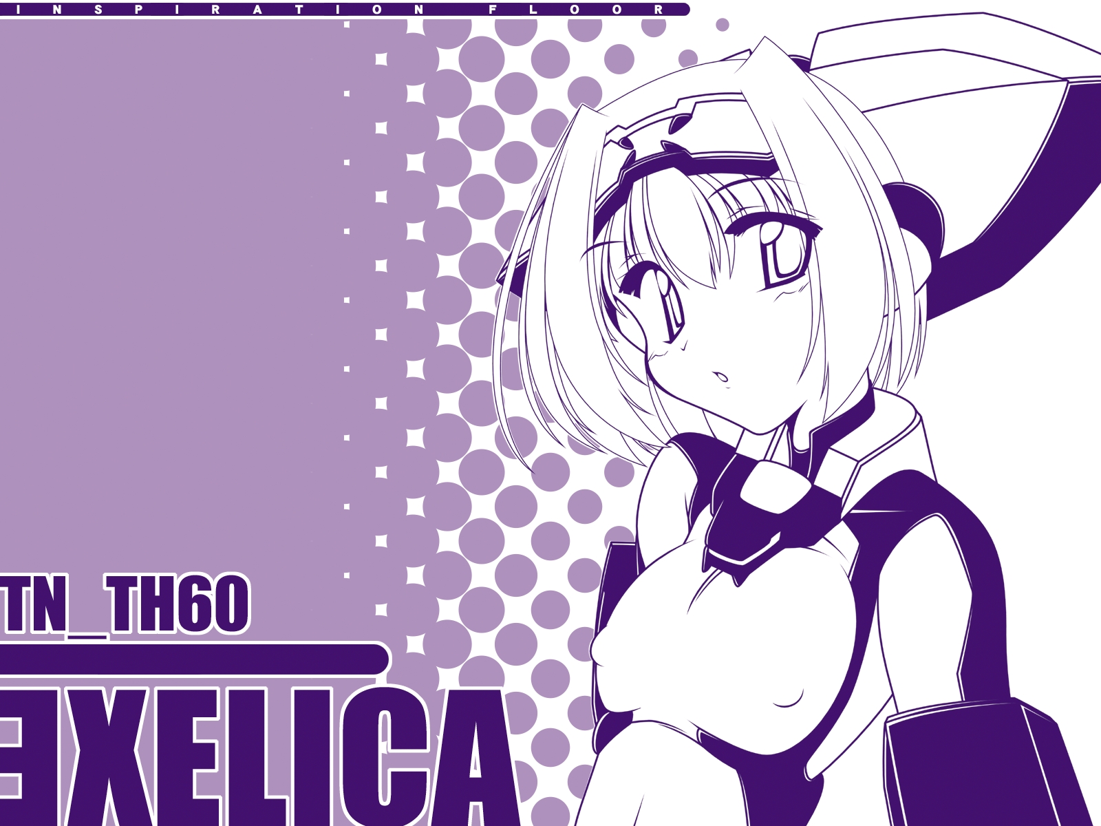 nonsugar, exelica, trigger heart exelica, highres, 1girl, breasts, covered erect nipples, female focus, mecha musume, monochrome, purple theme, short hair, small breasts, solo, swimsuit