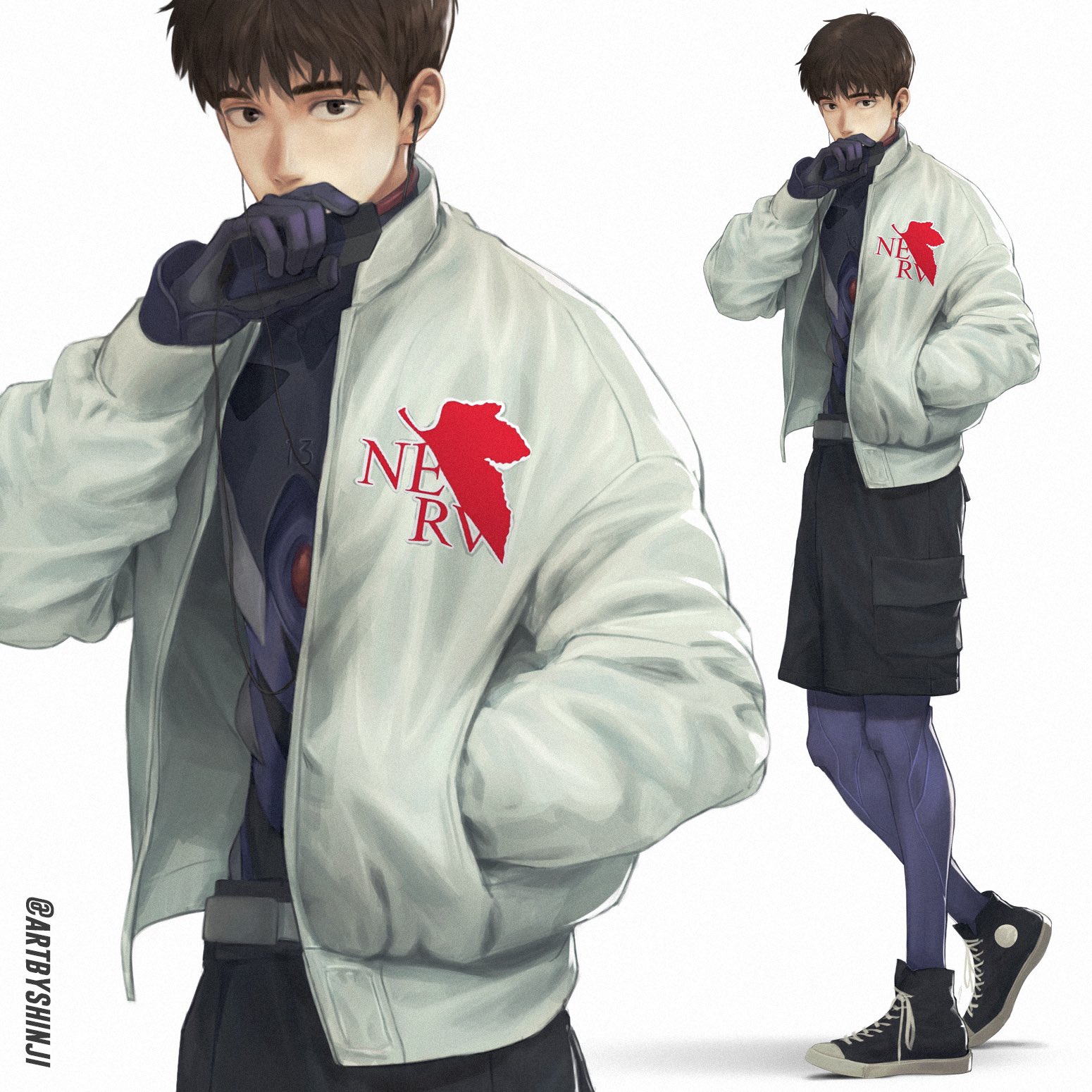artbyshinji, ikari shinji, converse, neon genesis evangelion, walkman, highres, 1boy, black shorts, brown eyes, brown hair, earphones, full body, hand in pocket, high collar, holding, jacket, male focus, mecha pilot suit, multiple views, nerv, open clothes, open jacket, plugsuit (evangelion), pocket, short hair, shorts, simple background, twitter username, white background, white jacket