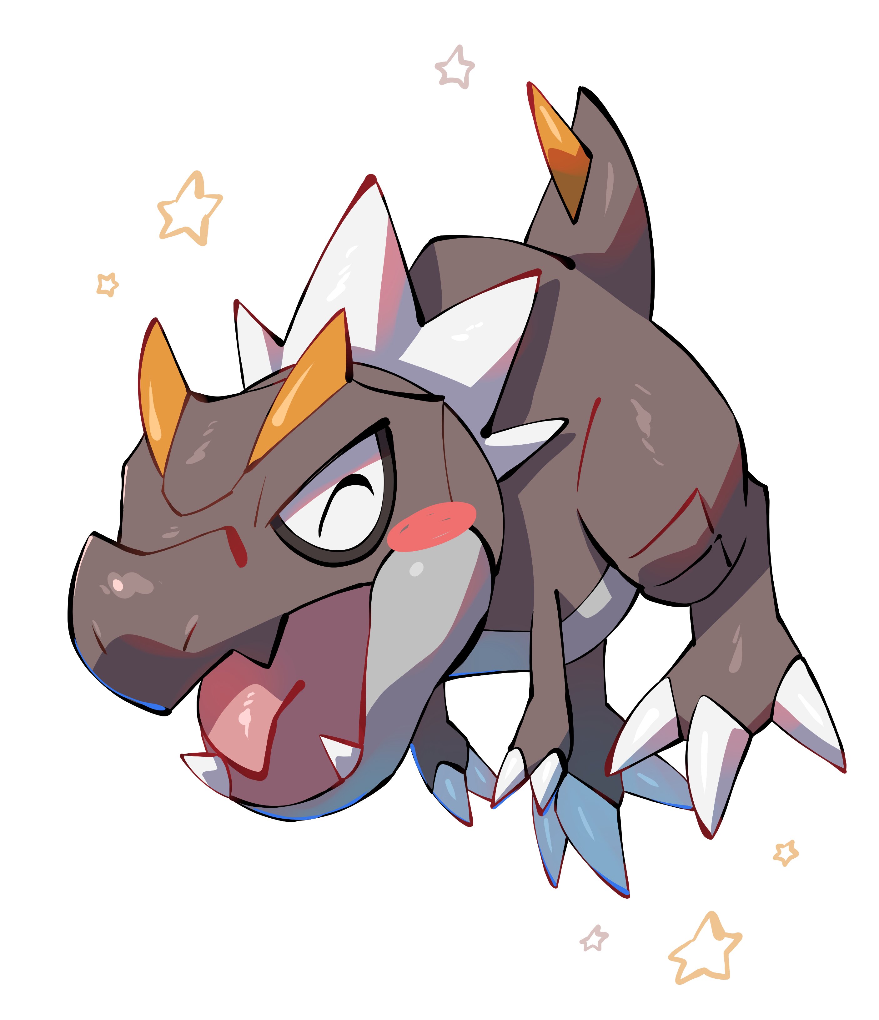 yumeminoideyu2, tyrunt, nintendo, pokemon, absurdres, highres, blush, claws, closed eyes, dinosaur, fangs, gen 6 pokemon, no humans, open mouth, pokemon (creature), pokemon focus, sharp teeth, simple background, smile, solo, tail, teeth, tongue, white background