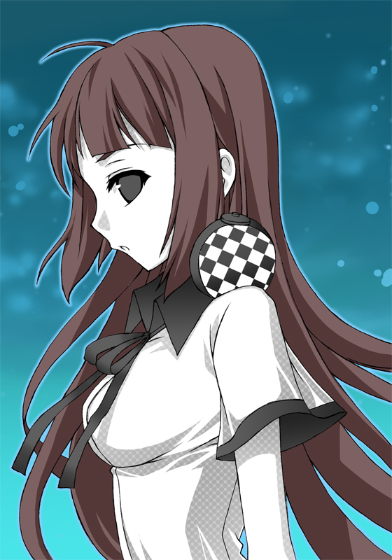 mushi024, djmax, djmax portable, djmax technika, sweet shining shooting star (djmax), 1girl, ahoge, blunt bangs, breasts, brown hair, female focus, headphones, headphones around neck, hime cut, long hair, profile, ribbon, solo