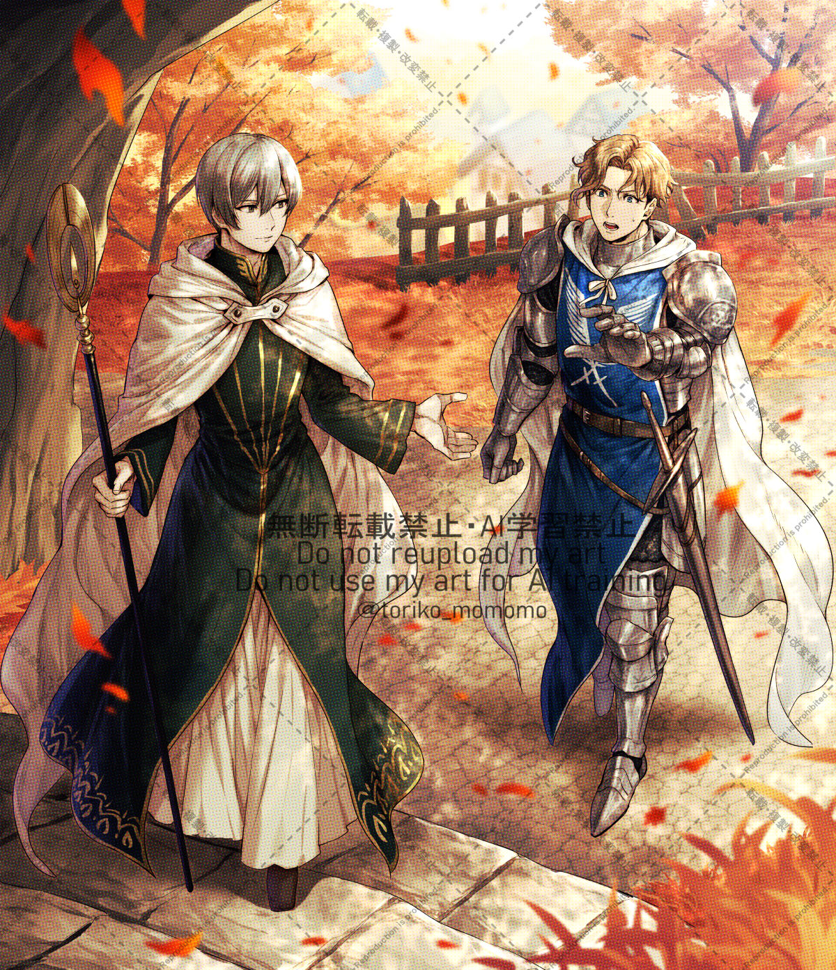 toriko momomo, temenos mistral, octopath traveler, octopath traveler ii, commentary request, highres, 2boys, armor, autumn leaves, blonde hair, cape, crick (octopath traveler), falling leaves, gauntlets, greaves, grey hair, holding, holding staff, knight, leaf, male focus, multiple boys, outdoors, sheath, sheathed, staff, stairs, sword, walking, watermark, watermark grid, weapon, white cape