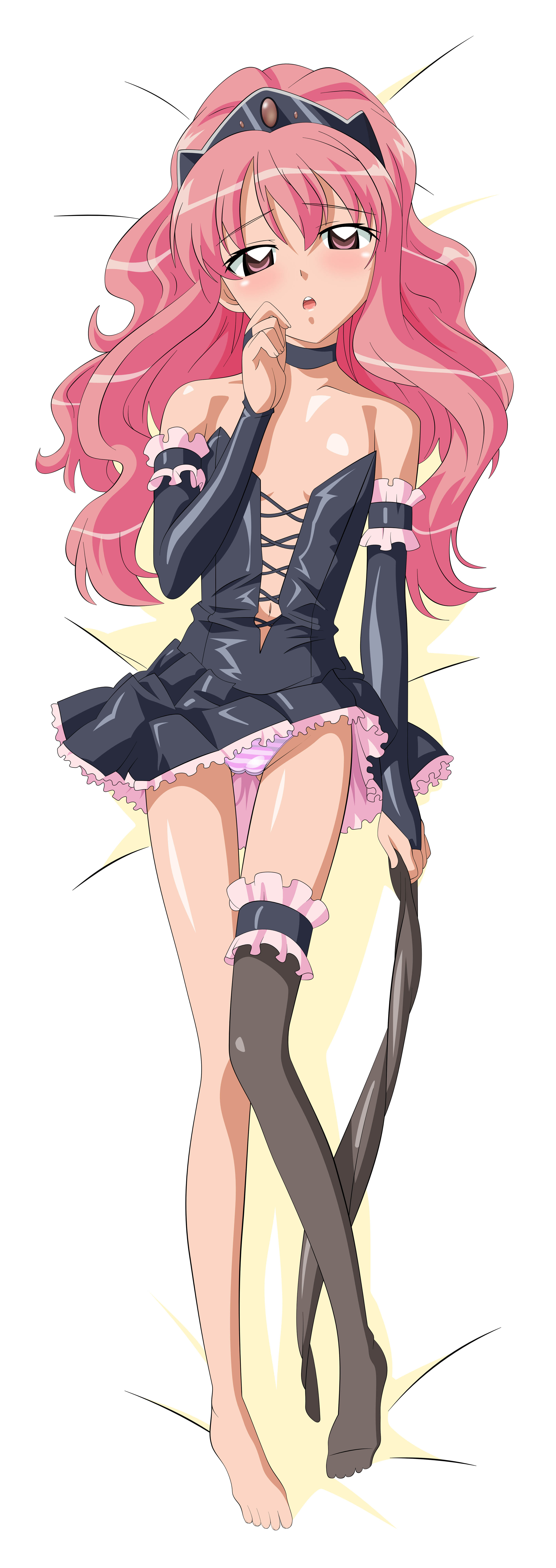 sugimura tomokazu, louise francoise le blanc de la valliere, zero no tsukaima, absurdres, highres, long image, tall image, 00s, 1girl, asymmetrical clothes, barefoot, bed sheet, blush, choker, dakimakura (medium), detached sleeves, feet, female focus, flat chest, full body, hair ornament, long hair, maid, panties, pantyshot, pink hair, single thighhigh, solo, the bed, thighhighs, underwear