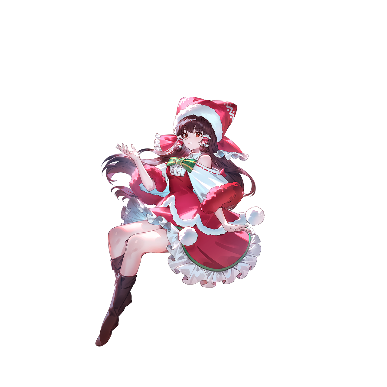 u u zan, hakurei reimu, touhou, touhou gensou eclipse, clothing request, game cg, highres, non-web source, official art, second-party source, 1girl, alternate costume, boots, bow, bowtie, box, brown boots, brown hair, closed mouth, frilled hair tubes, frilled skirt, frills, fur-trimmed headwear, fur-trimmed sleeves, fur trim, green bow, green bowtie, hair tubes, hairband, hat, long hair, long sleeves, looking at viewer, pom pom (clothes), red eyes, red hat, ribbon-trimmed sleeves, ribbon trim, santa costume, santa hat, skirt, smile, solo, thighs, transparent background, two-tone bow, very long hair, yellow bow, yellow bowtie
