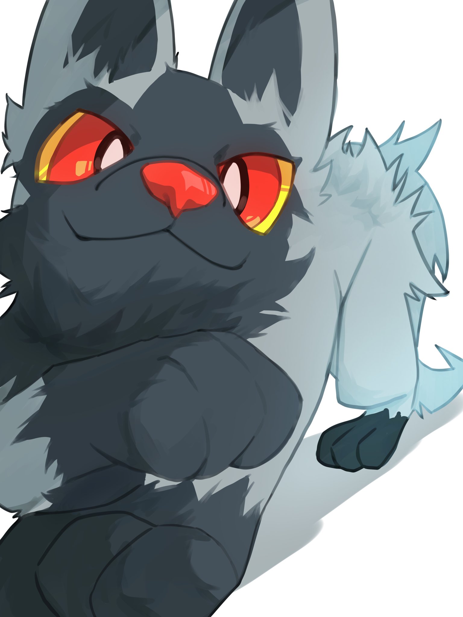 e eee g, poochyena, nintendo, pokemon, highres, animal focus, closed mouth, colored sclera, gen 3 pokemon, looking at viewer, no humans, pokemon (creature), pokemon focus, red eyes, simple background, smile, tail, white background, yellow sclera