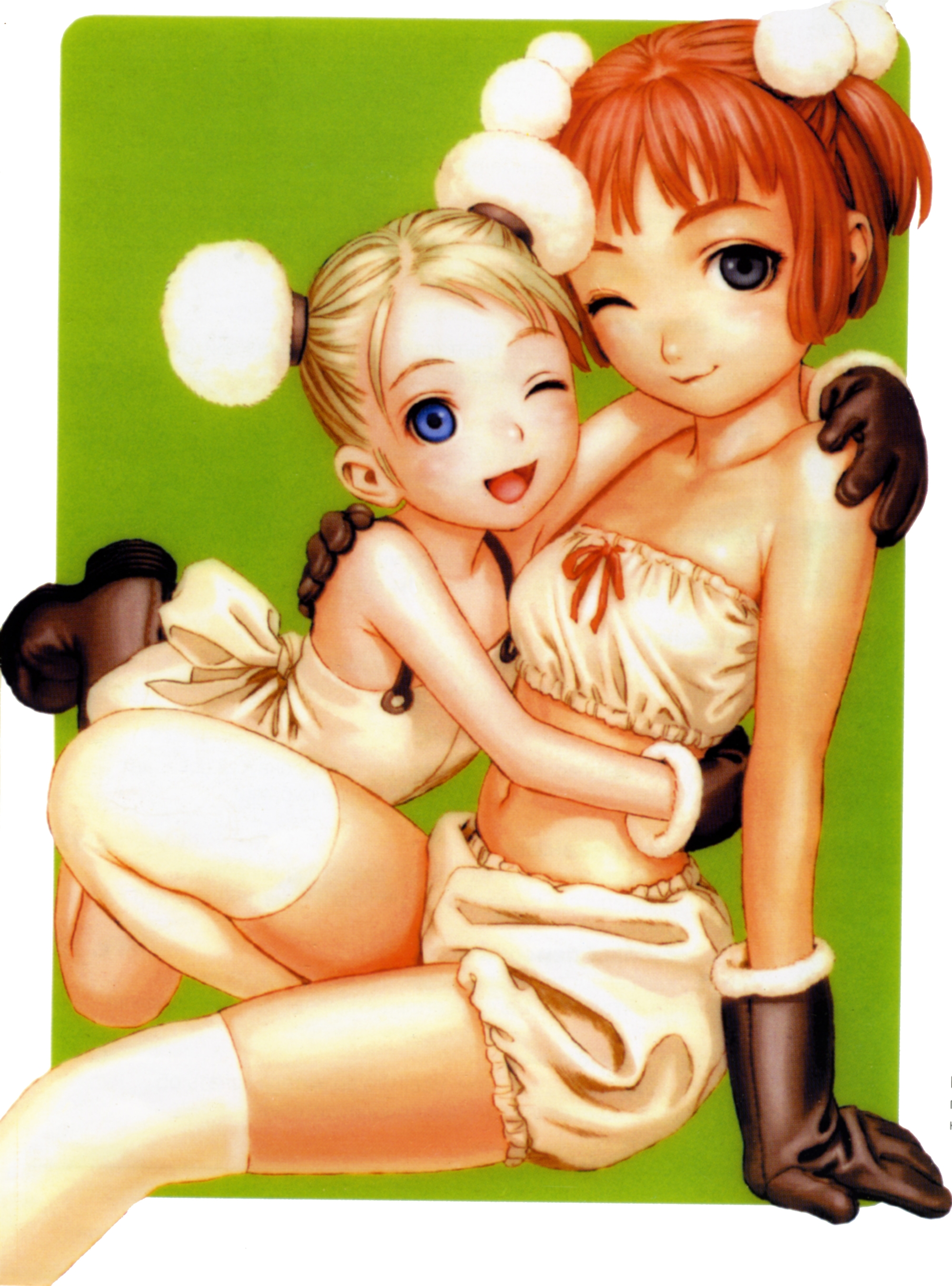 murata range, alvis hamilton, lavie head, last exile, white legwear, absurdres, highres, official art, 00s, 2girls, age difference, arm support, bandeau, bare shoulders, black eyes, bloomers, blue eyes, bob cut, boots, bun cover, double bun, dress, gloves, hair bun, hair ornament, hug, lingerie, looking at viewer, midriff, multiple girls, navel, one eye closed, onee-loli, open mouth, red hair, short hair, skindentation, smile, strapless, thighhighs, tube top, underwear, wink
