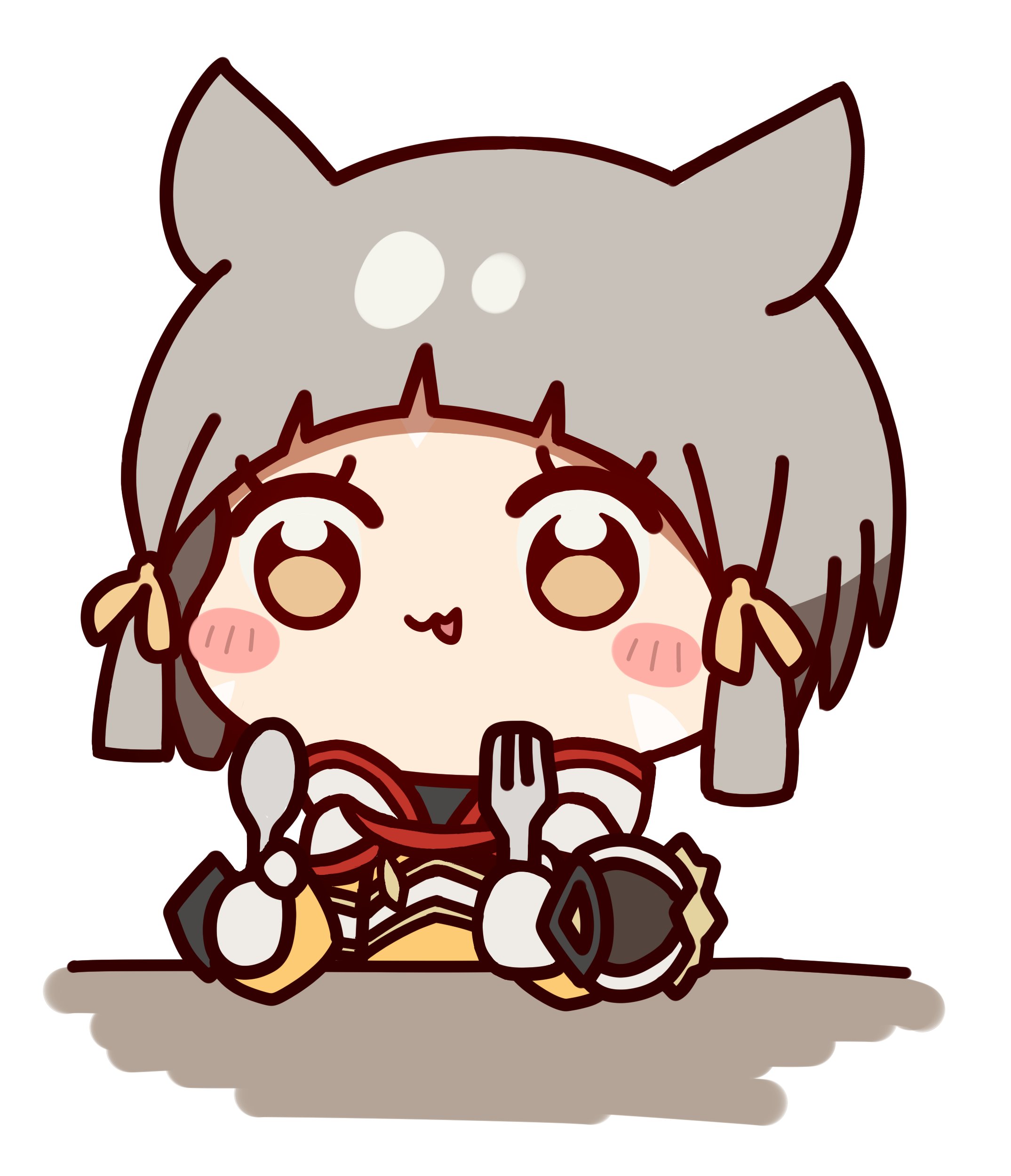 neonveov, nia (xenoblade), xenoblade chronicles (series), xenoblade chronicles 2, absurdres, highres, 1girl, animal ears, blush stickers, brown eyes, brown jumpsuit, brown ribbon, chibi, facial mark, fork, gloves, grey hair, hair ribbon, holding, holding fork, holding spoon, jumpsuit, parted lips, ribbon, short hair, simple background, smile, solo, spoon, upper body, white background, white gloves