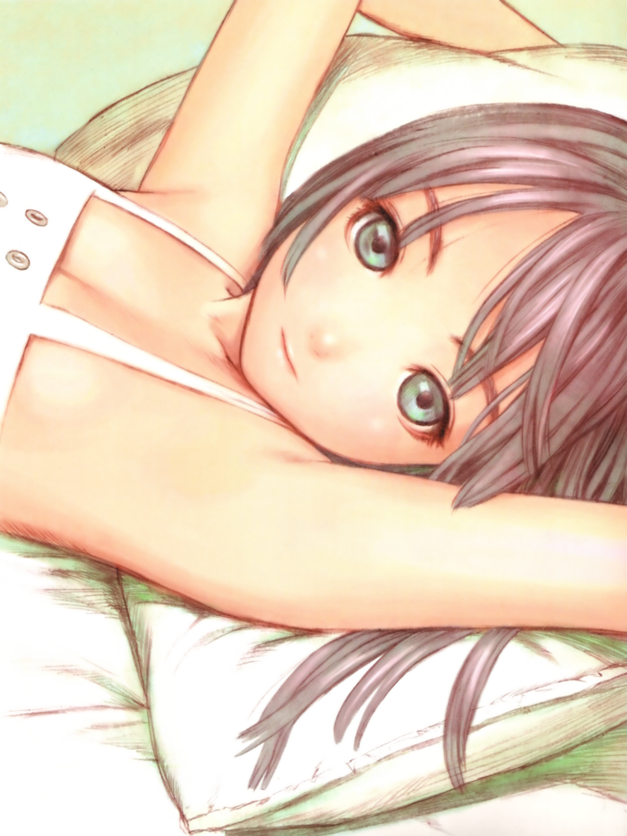 murata range, absurdres, highres, 1girl, armpits, bare shoulders, black hair, dress, female focus, flat chest, green eyes, grey eyes, grey hair, loli, looking at viewer, lying, pillow, short hair, solo