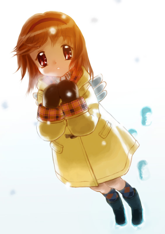 okayu (crosspoint), tsukimiya ayu, kanon, bad id, bad pixiv id, backpack, bag, breath, brown hair, mittens, randoseru, red eyes, short hair, snow, solo, wings