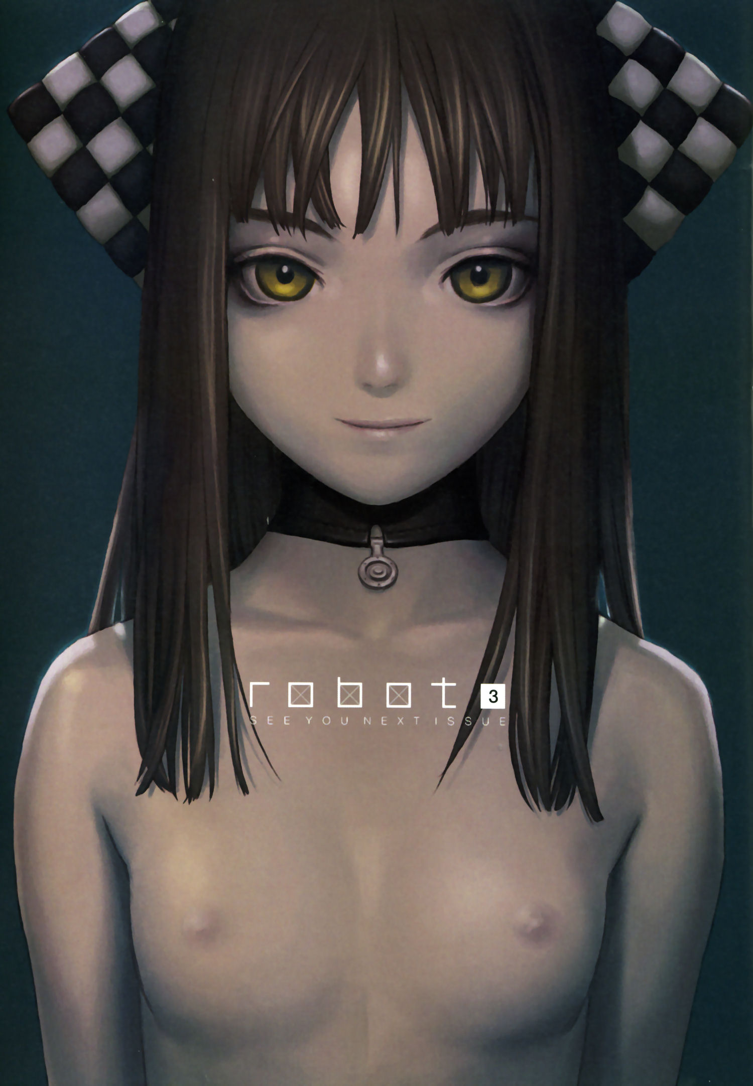 murata range, highres, scan, 1girl, arms at sides, blue background, breasts, brown hair, choker, english text, female focus, flat chest, green eyes, hair ornament, loli, long hair, nipples, portrait, smile, solo, topless female, upper body, yellow eyes