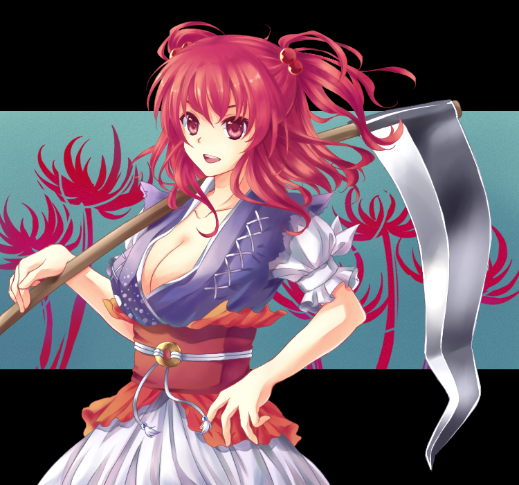 kai aki, onozuka komachi, touhou, bad id, bad pixiv id, 1girl, breasts, cleavage, female focus, flower, hair bobbles, hair ornament, large breasts, open mouth, over shoulder, red eyes, red flower, red hair, scythe, short hair, smile, solo, spider lily, twintails, two side up, weapon, weapon over shoulder