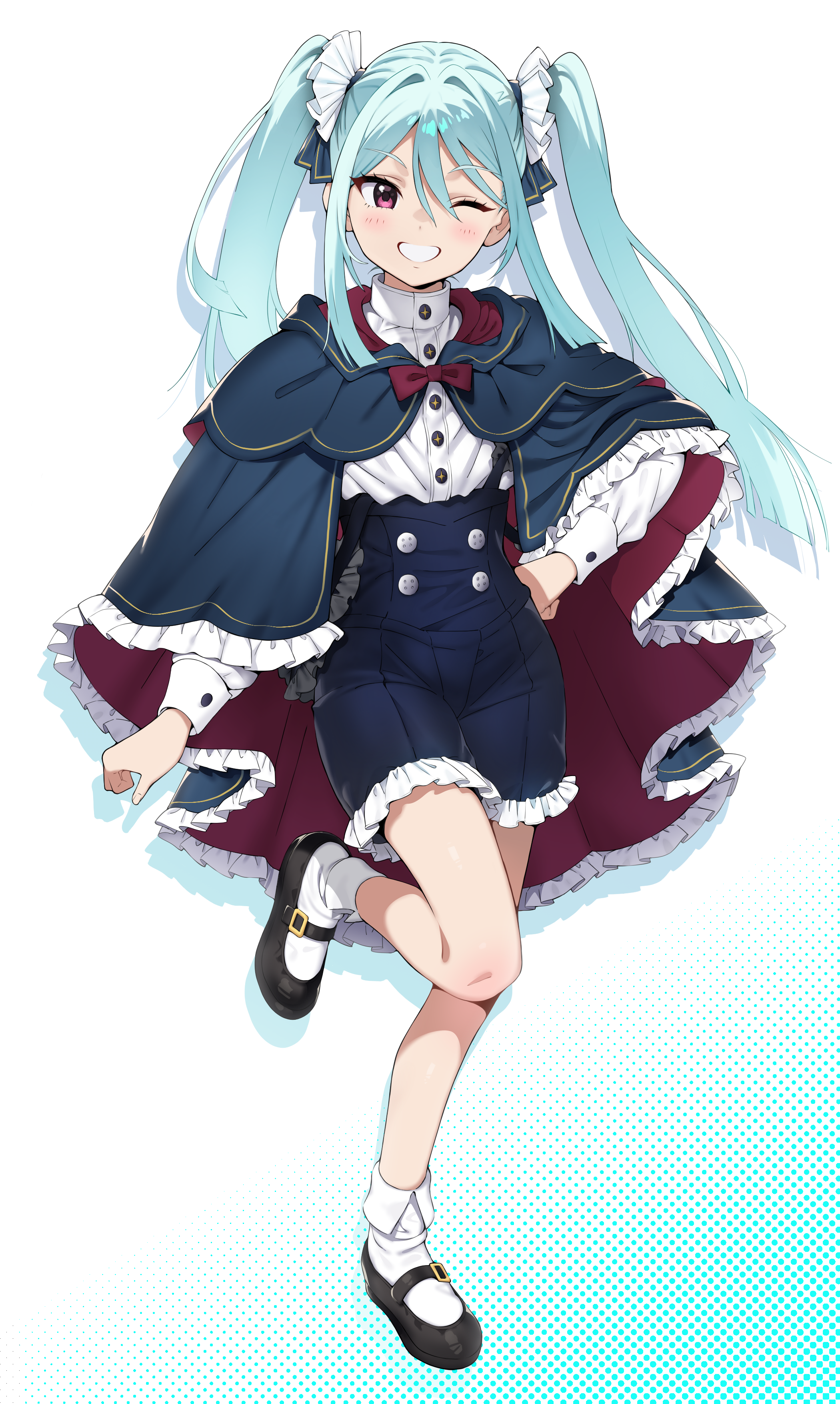 original, absurdres, commission, highres, second-party source, skeb commission, 1girl, ;d, arm at side, black shoes, blue background, blue cloak, blue hair, blunt ends, blunt sidelocks, borrowed character, bow, bowtie, cloak, colored shadow, double-parted bangs, drop shadow, flat chest, fold-over socks, full body, gradient background, grin, hair between eyes, hand on own hip, happy, high-waist shorts, long hair, long sleeves, mary janes, one eye closed, open mouth, red bow, red bowtie, red eyes, shadow, shirt, shirt tucked in, shoes, shorts, sidelocks, smile, socks, solo, standing, standing on one leg, tobimachi, twintails, v-shaped eyebrows, white background, white shirt, white socks