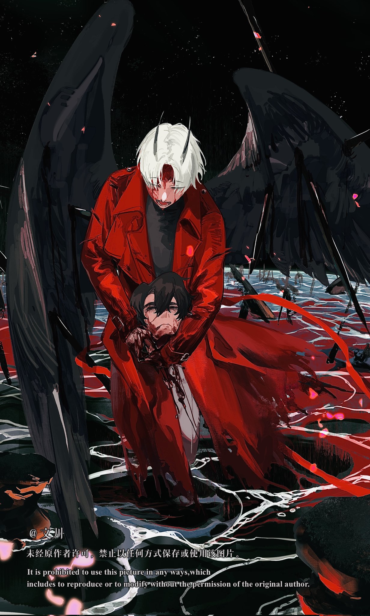 yoo joonghyuk, omniscient reader's viewpoint, highres, 2boys, black hair, black shirt, black wings, blood, blood from forehead, blood from mouth, blood in water, blood on face, caustics, cheon inho, coat, cowboy shot, curtained hair, demon horns, feathered wings, hair between eyes, hand on another's chest, horizon, horns, light particles, looking at another, male focus, multiple boys, nicayuko, open clothes, open coat, open mouth, partially submerged, red coat, shirt, short hair, standing, torn clothes, white hair, wings
