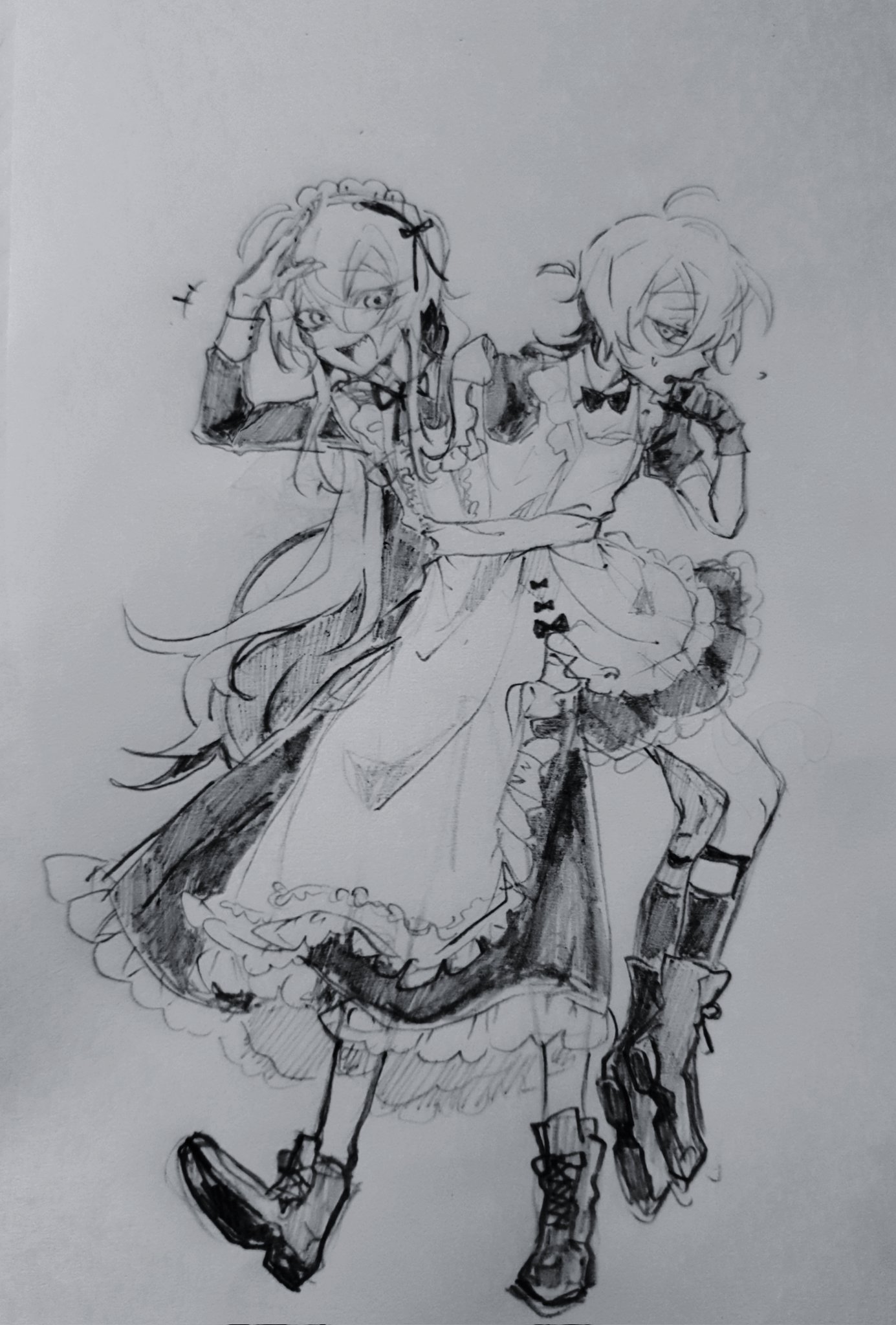 original, highres, 2boys, brothers, conjoined, crossdressing, crossdressing (mtf), height difference, maid, male maid, multiple boys, siblings, trap