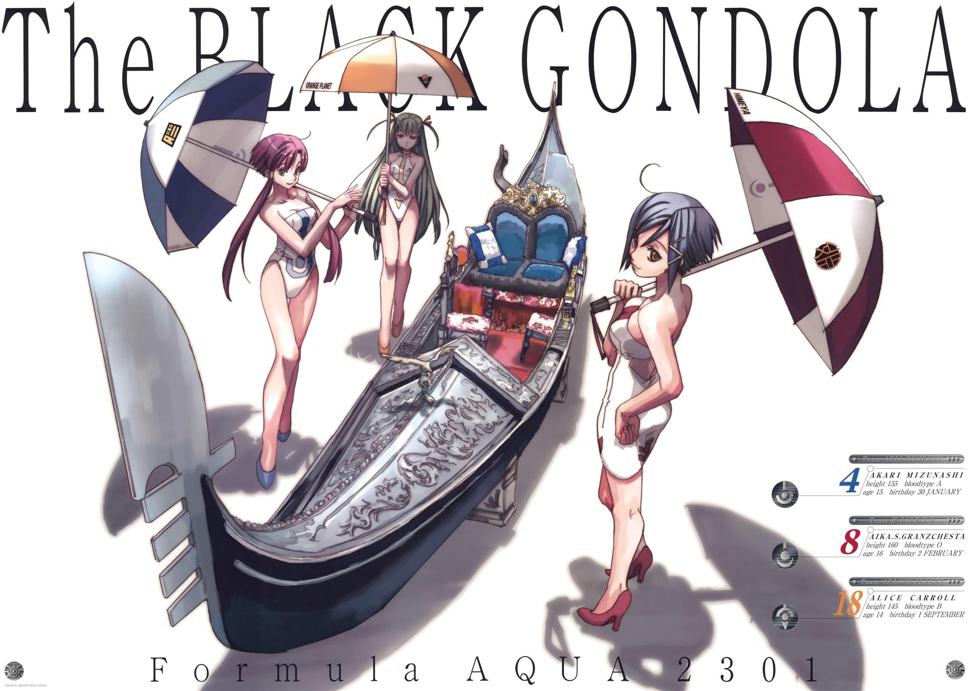amano kozue, aika granzchesta, alice carroll, mizunashi akari, aria (manga), highres, non-web source, 00s, 3girls, blue hair, boat, brown eyes, gondola, green eyes, green hair, high heels, long hair, multiple girls, one-piece swimsuit, pink hair, race queen, shoes, short hair, swimsuit, umbrella, watercraft
