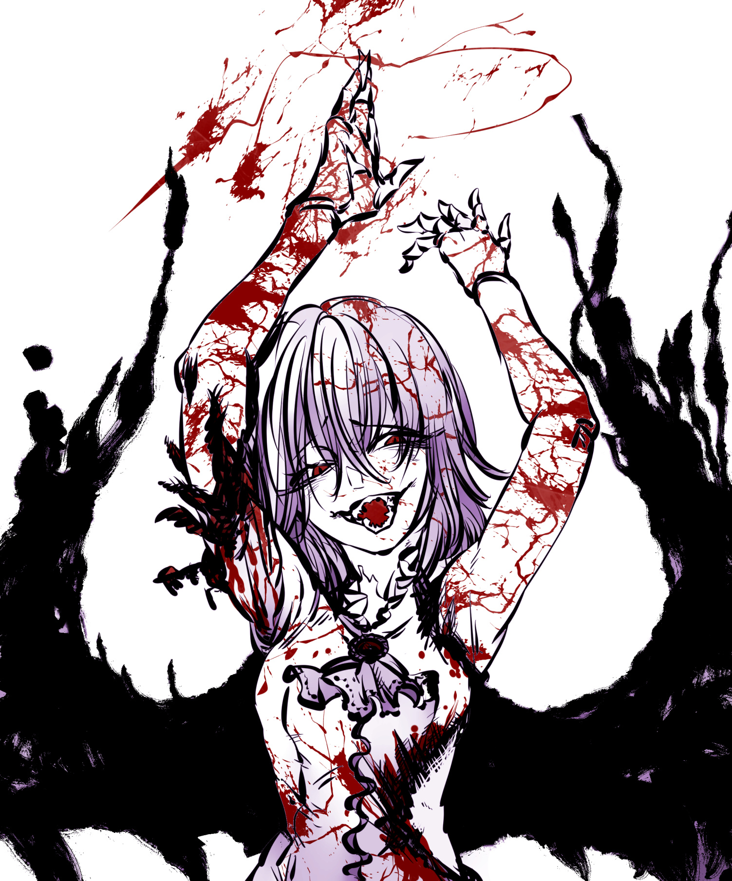 kyanduru, remilia scarlet, touhou, highres, 1girl, arms up, ascot, blood, blood on arm, blood on face, blue ascot, blue hair, breasts, hair between eyes, limited palette, medium hair, open mouth, red eyes, sharp sign, simple background, small breasts, solo, white background, wings