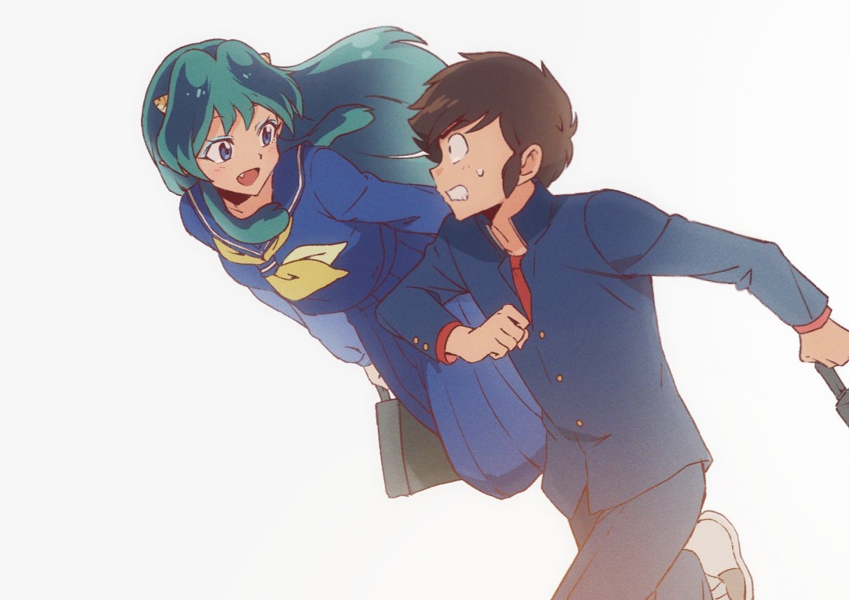 qrhara555, lum, moroboshi ataru, urusei yatsura, 1boy, 1girl, bag, blue eyes, blue gakuran, blue pants, blue sailor collar, blue serafuku, blue shirt, blue skirt, breasts, brown hair, clenched hand, clenched teeth, fang, floating, gold buttons, green hair, holding, holding bag, horns, looking at another, medium breasts, neckerchief, open mouth, pants, pointy ears, red shirt, running, sailor collar, school uniform, serafuku, shirt, shoes, short hair, sidelocks, skirt, smile, sneakers, sweatdrop, swept bangs, teeth, white background, white shoes, wide-eyed, yellow neckerchief