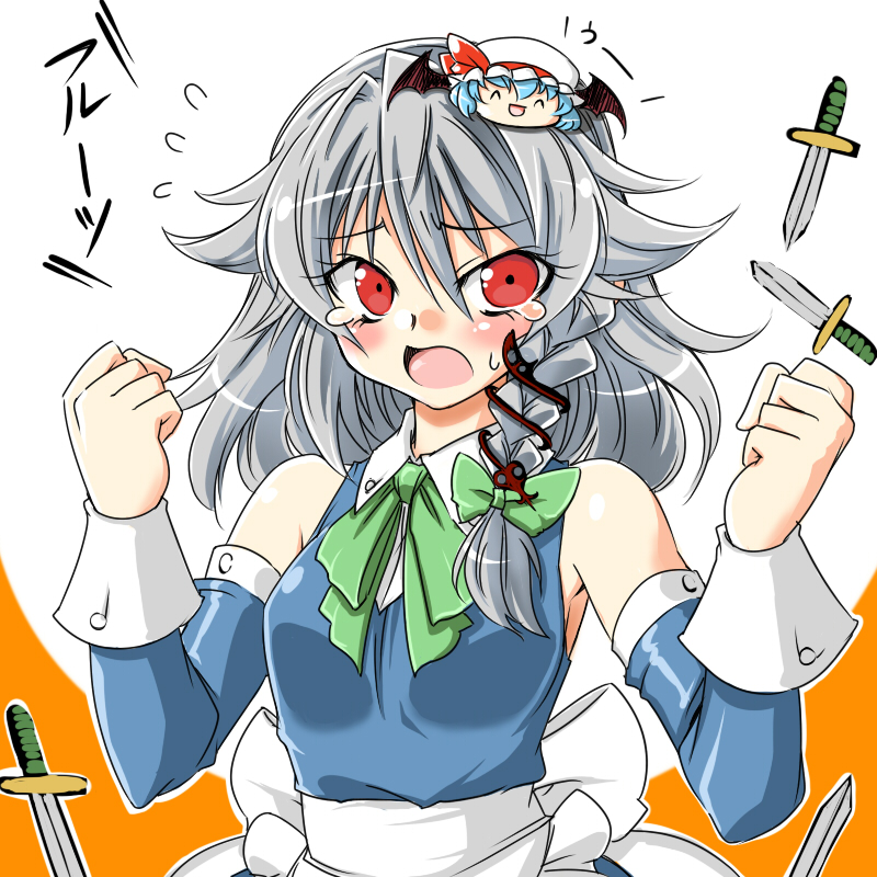tajima yuuki, izayoi sakuya, remilia scarlet, embodiment of scarlet devil, touhou, 2girls, breasts, detached sleeves, female focus, hat, maid, multiple girls, red eyes, solo, tears, upper body, white background, yukkuri shiteitte ne