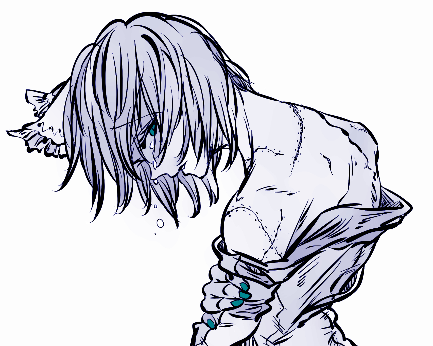 kyanduru, konpaku youmu, touhou, highres, 1girl, bare shoulders, crying, hair ribbon, hand on own arm, leaning forward, limited palette, off shoulder, ribbon, scar, scar on back, scar on shoulder, short hair, simple background, solo, white background