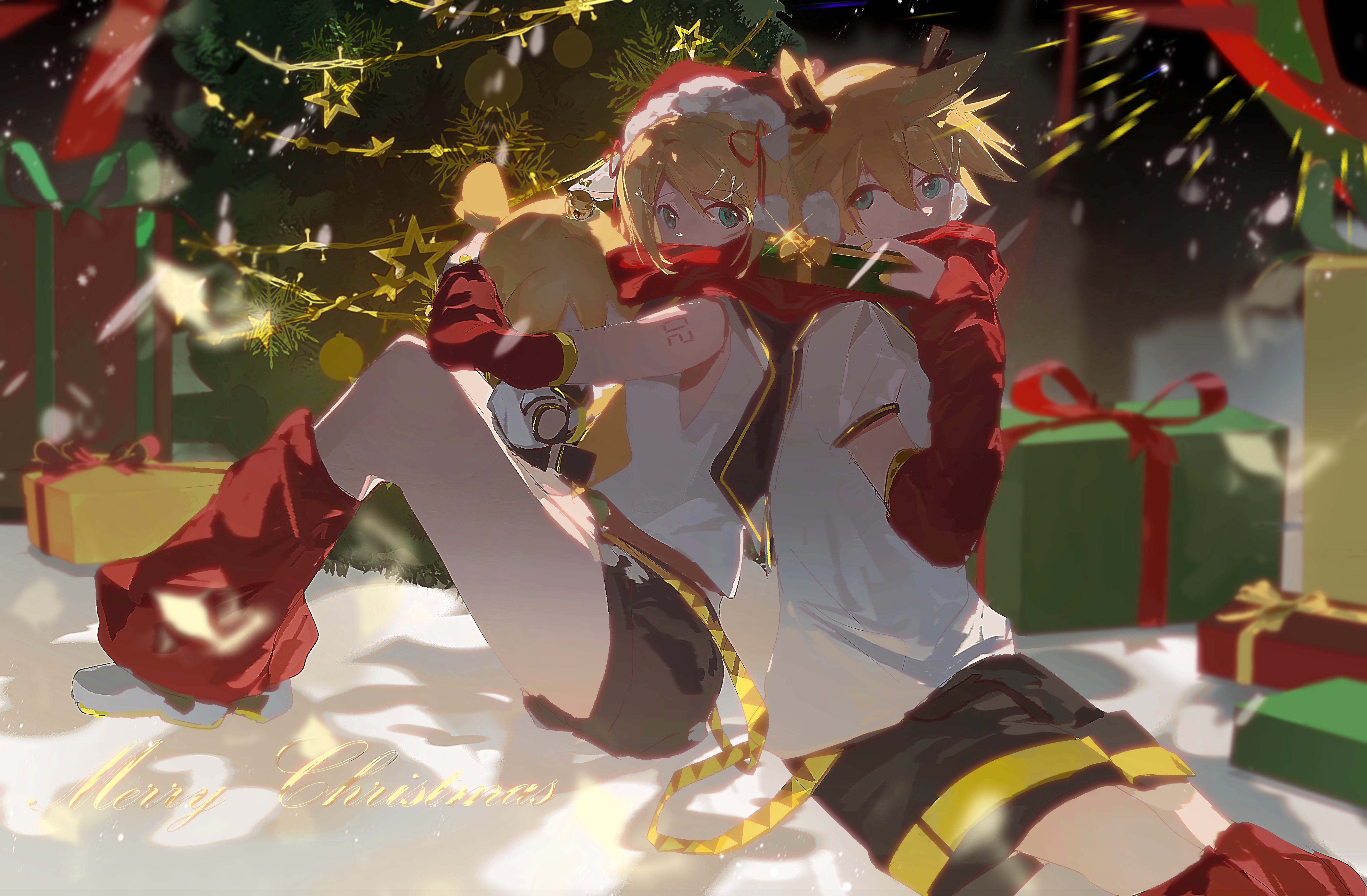 momo43757115, kagamine len, kagamine rin, vocaloid, absurdres, highres, 1boy, 1girl, alternate costume, antlers, aqua eyes, black shorts, blonde hair, box, character doll, detached sleeves, doll, full body, gift, gift box, hat, horns, leg warmers, looking at viewer, merry christmas, red leg warmers, red ribbon, red scarf, reindeer antlers, ribbon, santa hat, scarf, scarf over mouth, shared clothes, shared scarf, shirt, shorts, sitting, white shirt, yellow trim