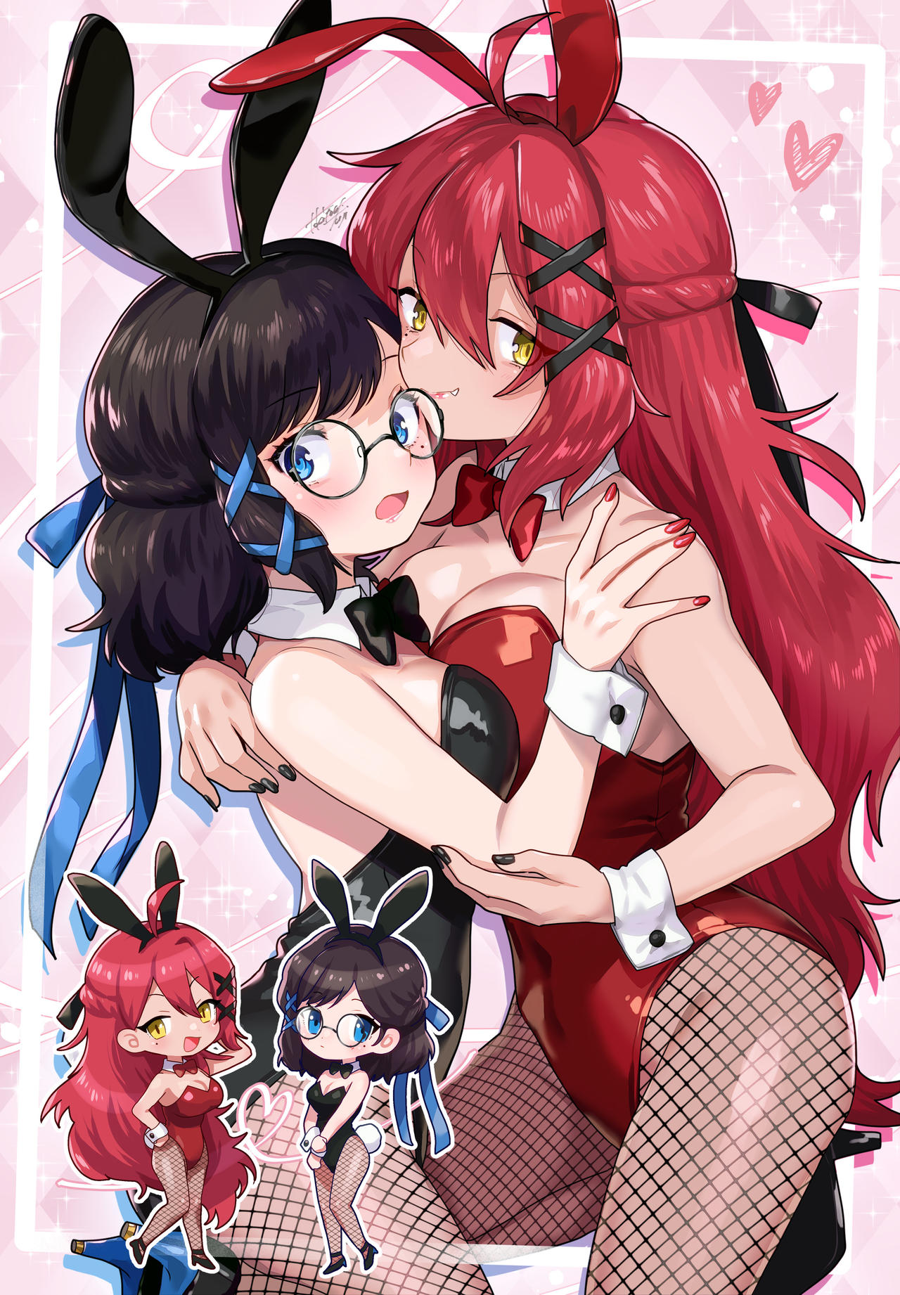 tokitou fuji, original, commission, highres, second-party source, skeb commission, 2girls, argyle background, black bow, black bowtie, black hair, black leotard, black nails, blue eyes, bob cut, border, borrowed character, bow, bowtie, breast press, breasts, chibi, closed mouth, collar, covered navel, detached collar, double-parted bangs, elbow rest, fang, fang out, fishnet pantyhose, fishnets, glasses, groin, hair between eyes, hair ornament, half updo, hand on another's back, hand on another's shoulder, hand up, inset border, large breasts, leg support, leotard, light blush, long hair, mole, mole under eye, multiple girls, multiple views, nail polish, open mouth, pantyhose, pink background, playboy bunny, red bow, red bowtie, red hair, red leotard, red nails, round eyewear, see-through pantyhose, small breasts, swept bangs, traditional bowtie, very long hair, white border, white collar, white wrist cuffs, wing collar, wrist cuffs, x hair ornament, yellow eyes, yuri
