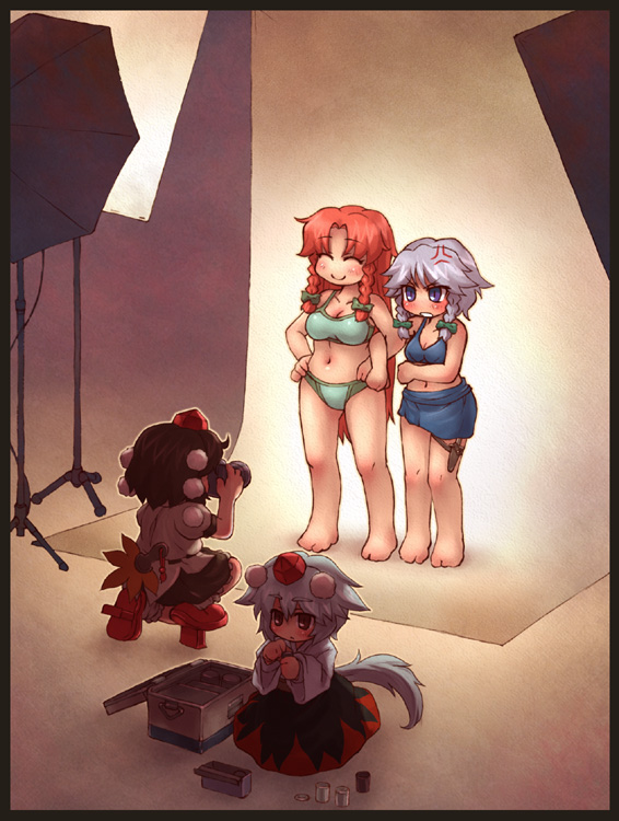 sankuma, hong meiling, inubashiri momiji, izayoi sakuya, shameimaru aya, touhou, silver hair, 4girls, ^ ^, anger vein, barefoot, bikini, blue bikini, blue eyes, blush, box, braid, brown hair, camera, chibi, closed eyes, female focus, geta, green bikini, hand fan, hat, holding another's arm, knife, long hair, long sleeves, multiple girls, on one knee, pom pom (clothes), red hair, ribbon, sarong, sheath, sheathed, short hair, skirt, swimsuit, tengu-geta, tokin hat, twin braids, wide sleeves