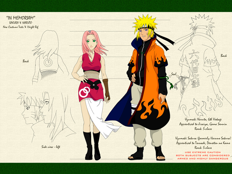 twinenigma, haruno sakura, uzumaki naruto, naruto (classic), naruto (series), naruto shippuuden, 1boy, 1girl, aged up, alternate costume, coat, english text, headband, letterboxed, ninja