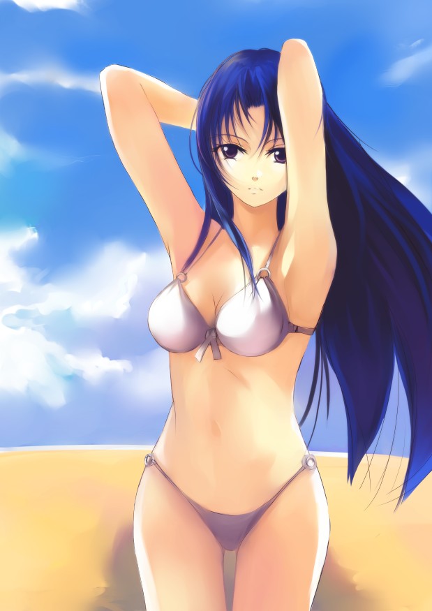 darkdoor, kawashima ami, toradora!, 00s, 1girl, armpits, arms up, beach, bikini, blue hair, day, female focus, long hair, outdoors, purple eyes, solo, swimsuit