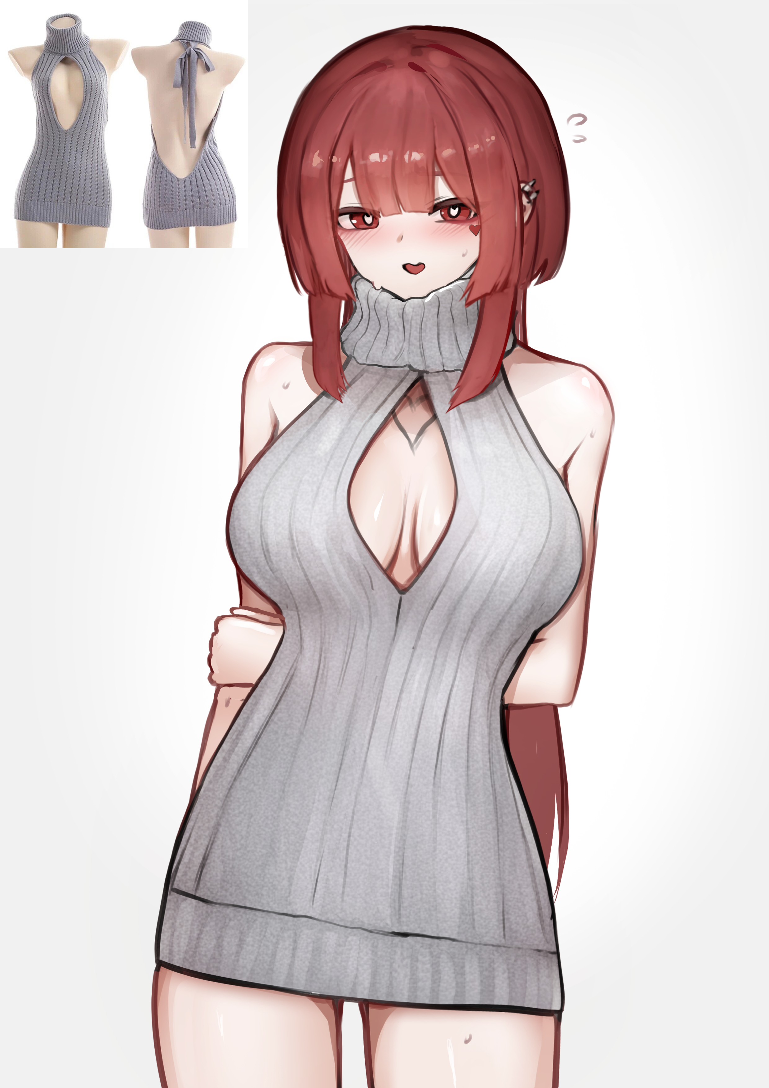 wawamachi, original, absurdres, highres, 1girl, arms behind back, blunt bangs, blush, breasts, bright pupils, cleavage, cleavage cutout, clothing cutout, cowboy shot, ear piercing, facial tattoo, flying sweatdrops, grey sweater, heart, heart-shaped mouth, heart-shaped pupils, heart tattoo, holding own arm, large breasts, long hair, looking at viewer, open mouth, piercing, red eyes, red hair, reference inset, simple background, sleeveless, sleeveless sweater, smile, solo, sweat, sweater, symbol-shaped pupils, tattoo, turtleneck, turtleneck sweater, virgin killer sweater, white background, white pupils