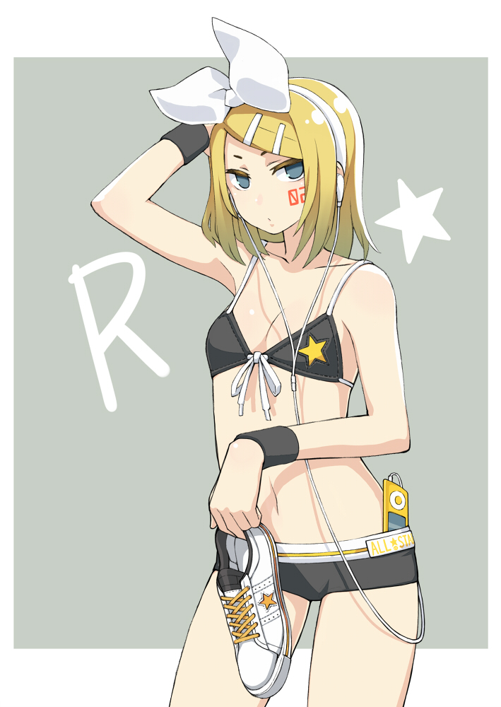 chan co, kagamine rin, vocaloid, 1girl, bikini, bikini top only, black bikini, blonde hair, bow, cowboy shot, digital media player, female focus, ipod, ipod nano, ipod nano 4g, navel, solo, swimsuit