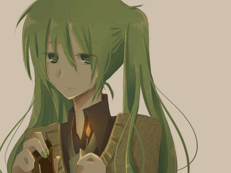 shari, hatsune miku, vocaloid, bad id, bad pixiv id, 1girl, female focus, fire, green eyes, green hair, green nails, long hair, matching hair/eyes, nail polish, necktie, smile, solo, twintails