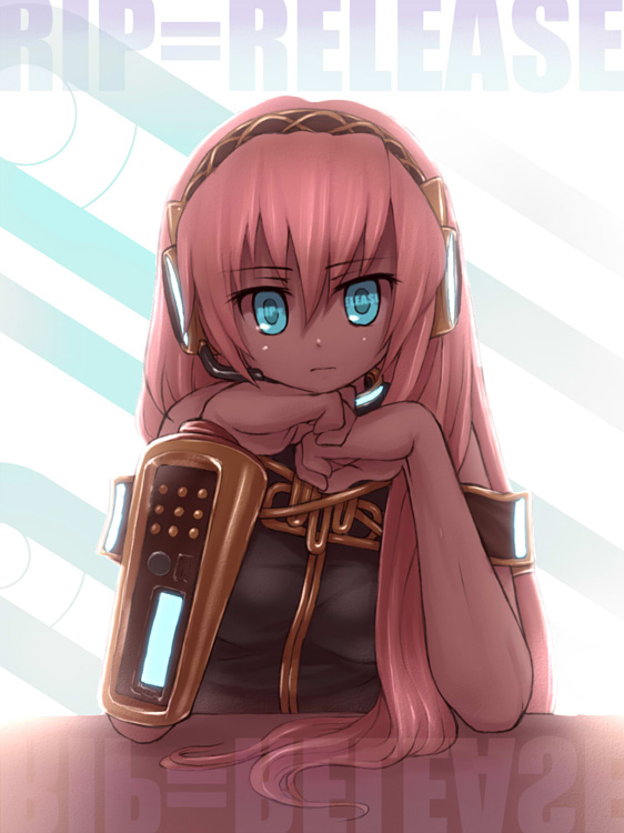 sankuma, megurine luka, vocaloid, aqua eyes, blue eyes, expressionless, headset, long hair, microphone, pink hair, sitting, solo