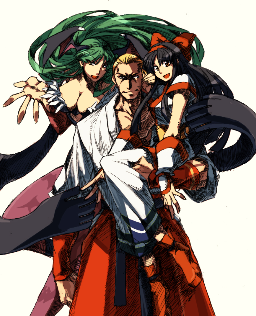 itkz (silentknight), geese howard, morrigan aensland, nakoruru, capcom, capcom vs. snk, capcom vs. snk 2, darkstalkers, fatal fury, samurai spirits, snk, the king of fighters, print legwear, 1boy, 2girls, ainu clothes, animal print, bat print, bat wings, black hair, blonde hair, bow, breasts, brown eyes, cleavage, crossover, demon girl, gloves, green eyes, green hair, hair bow, hairband, head wings, japanese clothes, kimono, large breasts, long hair, multiple crossover, multiple girls, muscular, pantyhose, pimp, red bow, ribbon, smile, wings