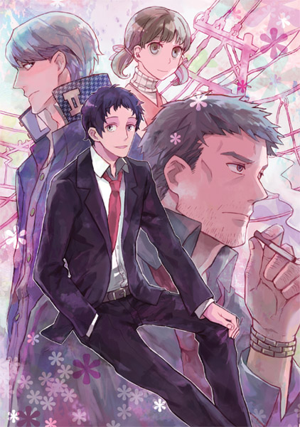 ritsuko (rittii), adachi tooru, doujima nanako, doujima ryoutarou, narukami yu, atlus, persona, persona 4, silver hair, bad id, bad pixiv id, 1girl, 3boys, black hair, brown eyes, brown hair, child, cigarette, formal clothes, jacket, multiple boys, necktie, short hair, smoking, suit, turtleneck, twintails